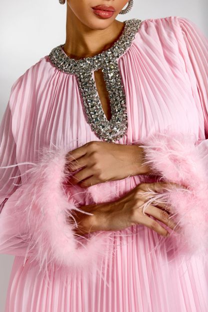 Yvonne Diamante Feathered Pleated Maxi Chiffon Dress