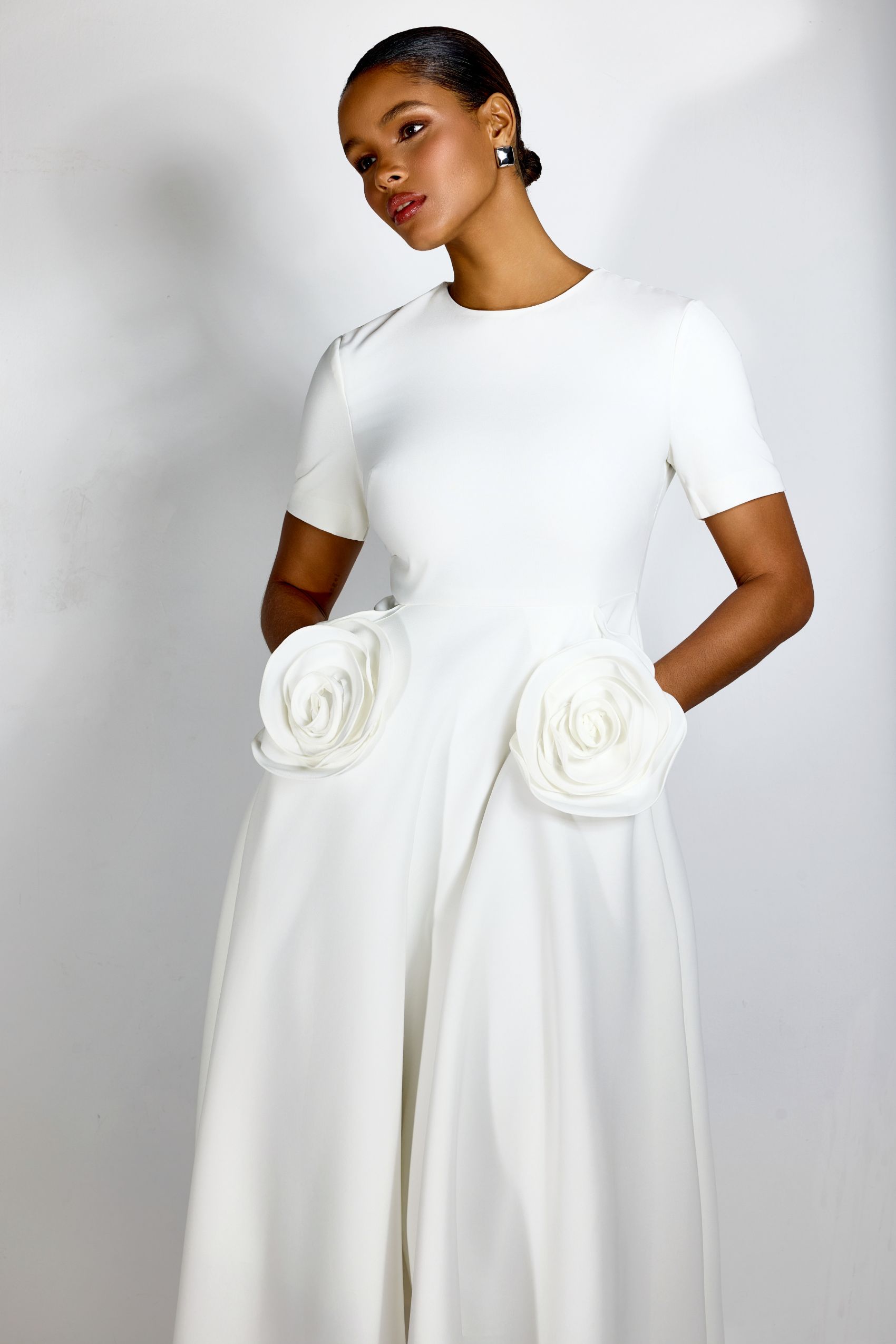 Ava Floral Applique Short Sleeves Midi Dress