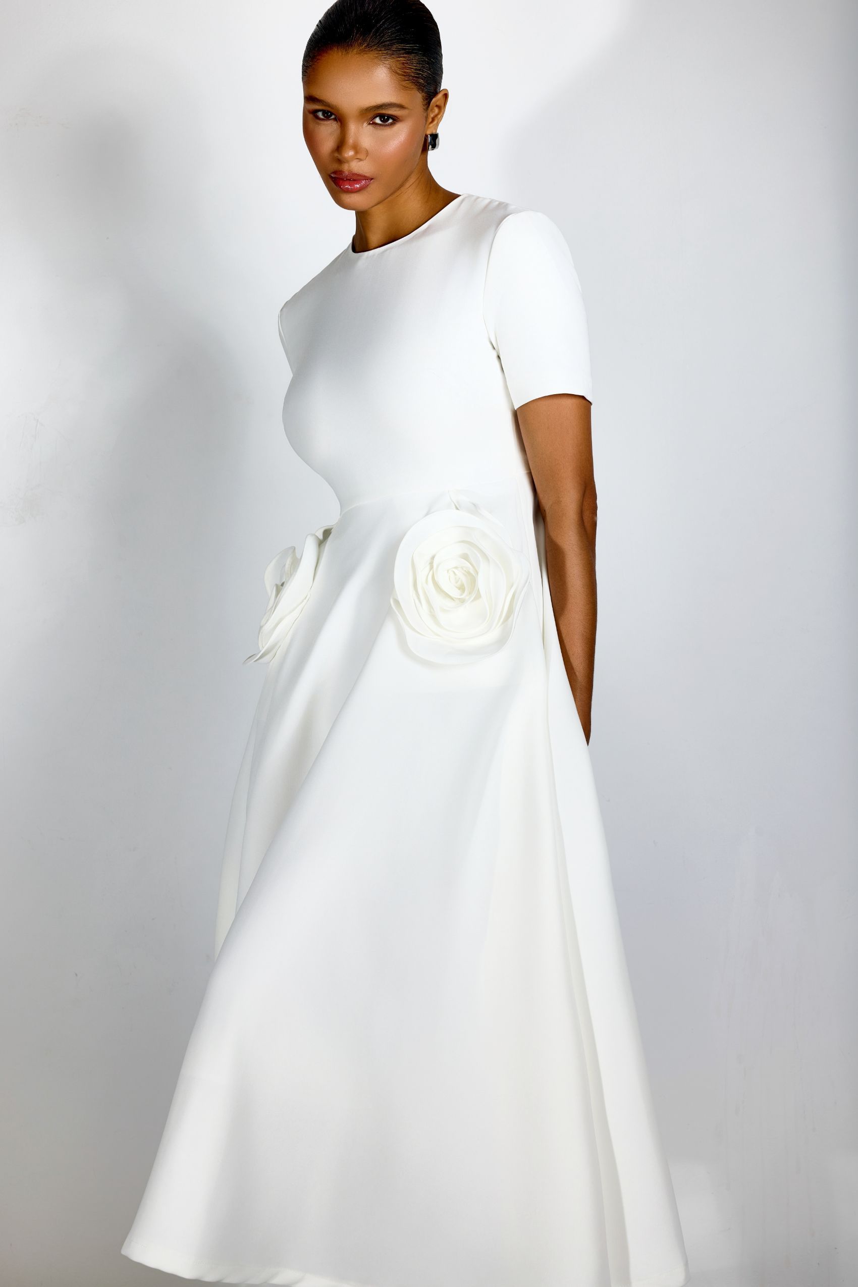 Ava Floral Applique Short Sleeves Midi Dress-Sunfere