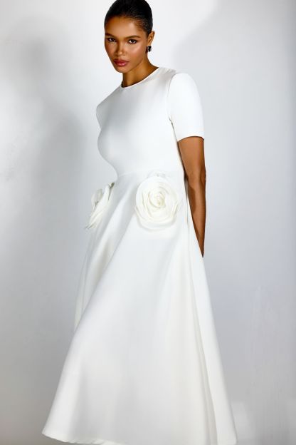 Ava Floral Applique Short Sleeves Midi Dress