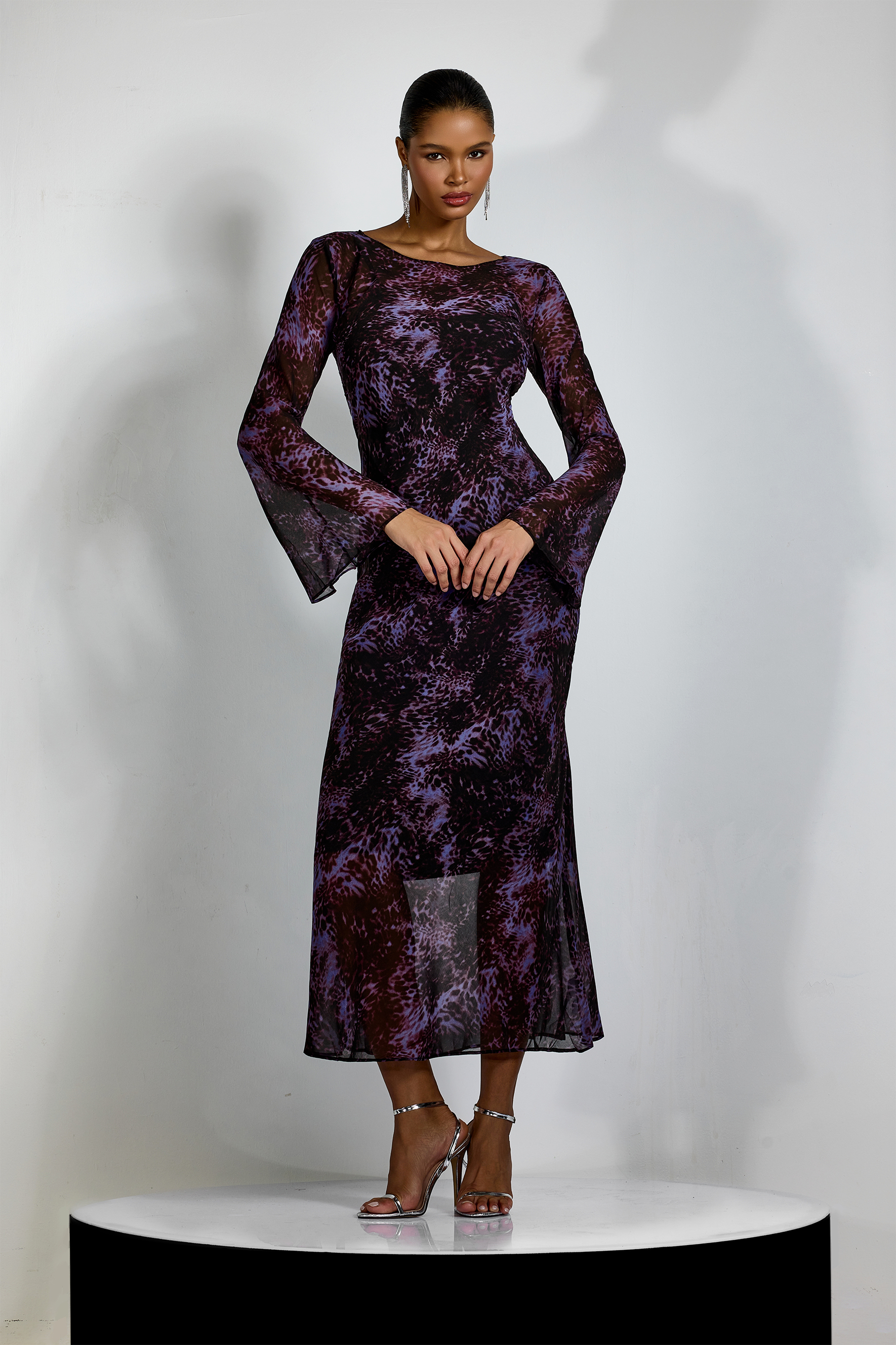 Phoebe Leopard Print Flare Cuffs Maxi Dress