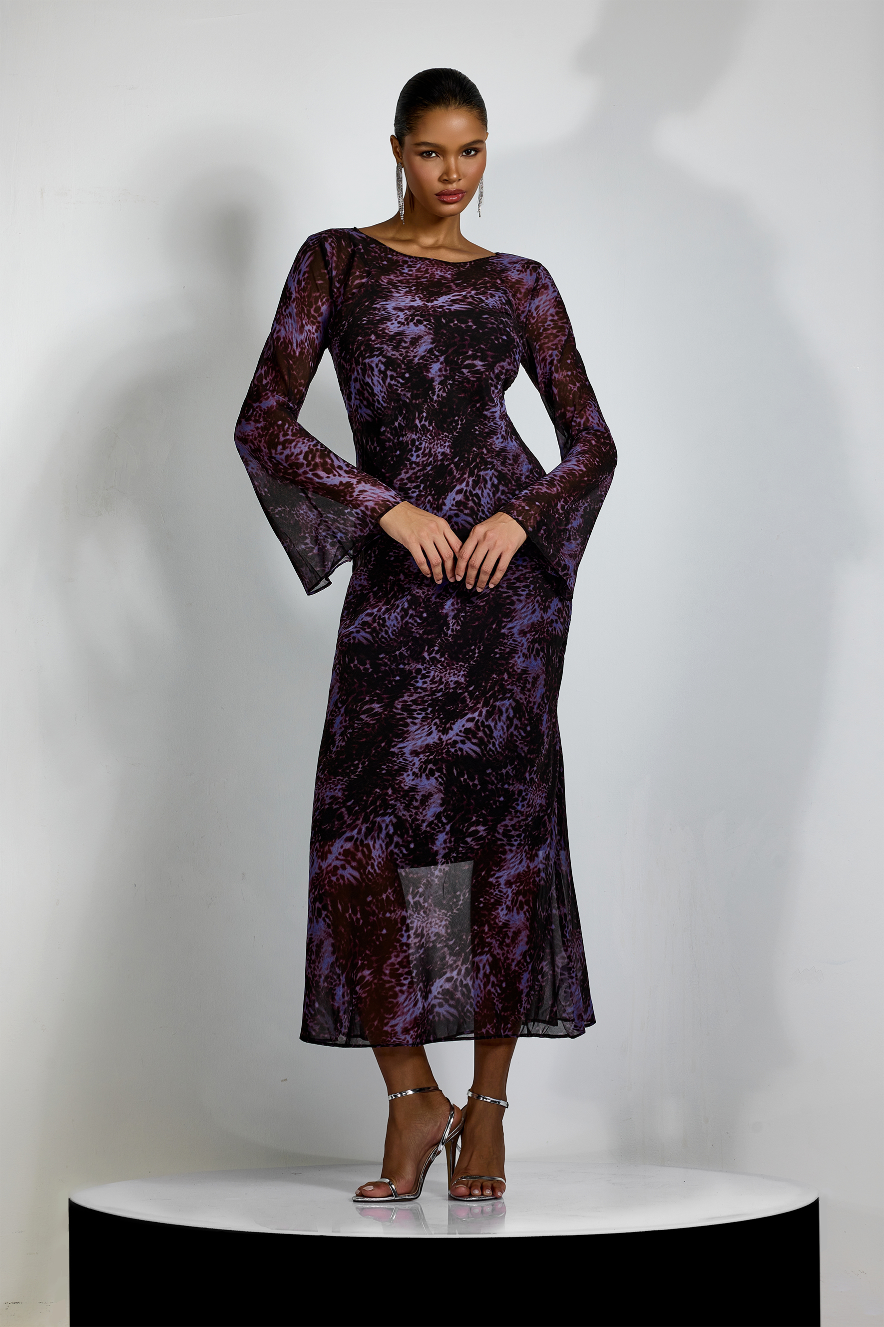 Phoebe Leopard Print Flare Cuffs Maxi Dress