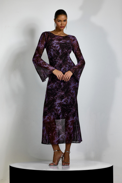 Phoebe Leopard Print Flare Cuffs Maxi Dress