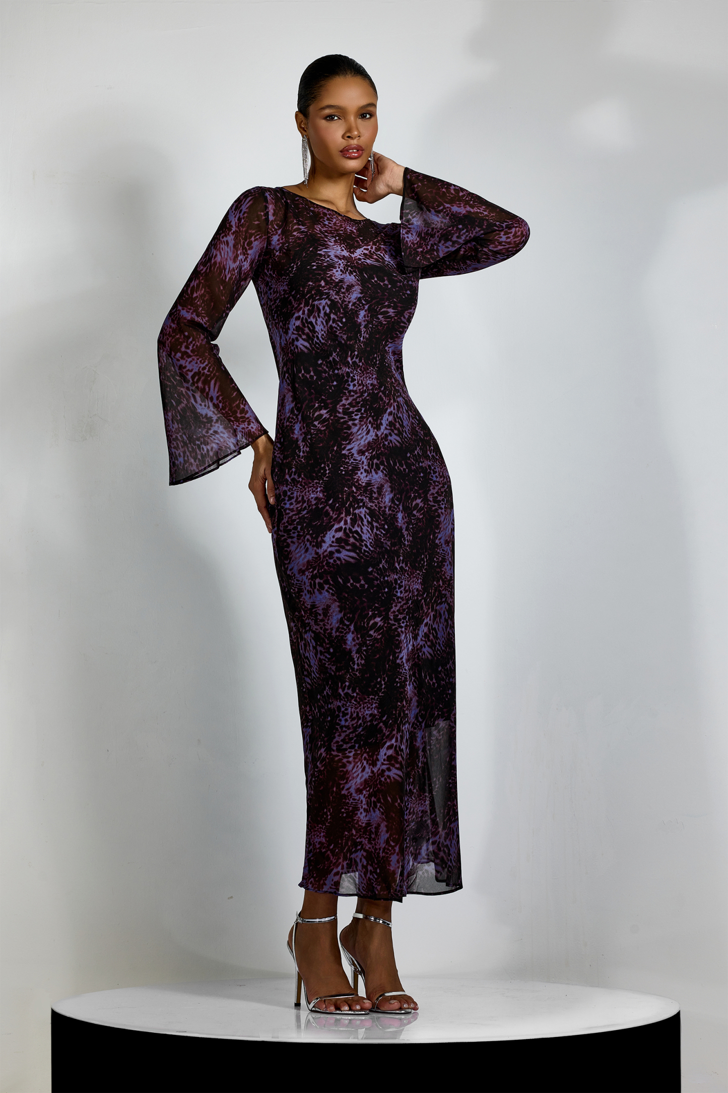 Phoebe Leopard Print Flare Cuffs Maxi Dress