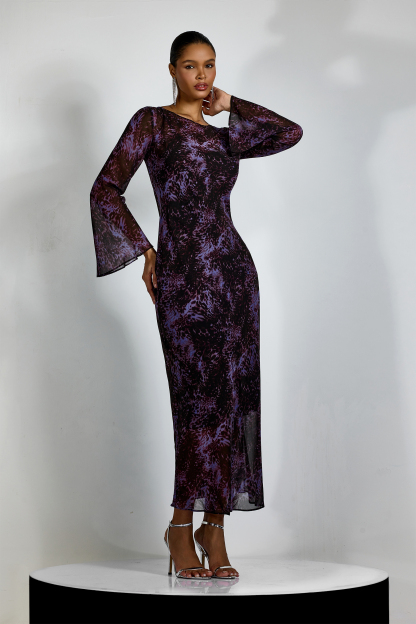 Phoebe Leopard Print Flare Cuffs Maxi Dress