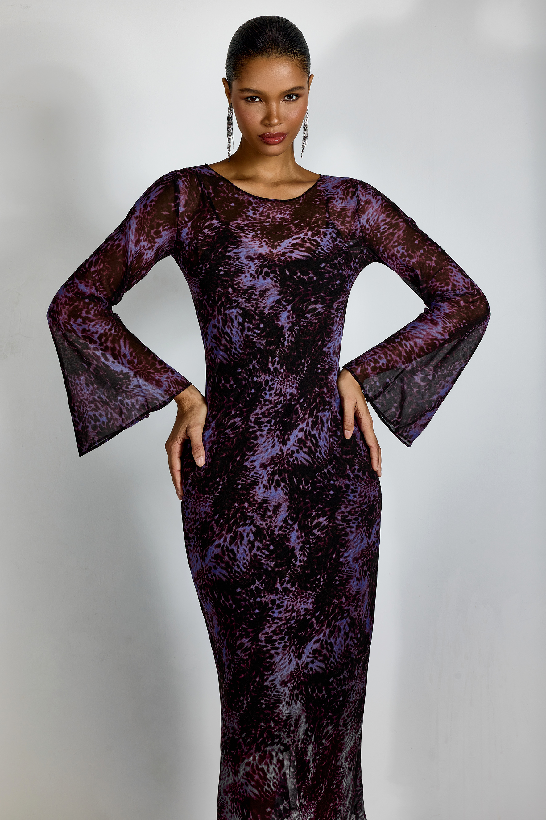Phoebe Leopard Print Flare Cuffs Maxi Dress