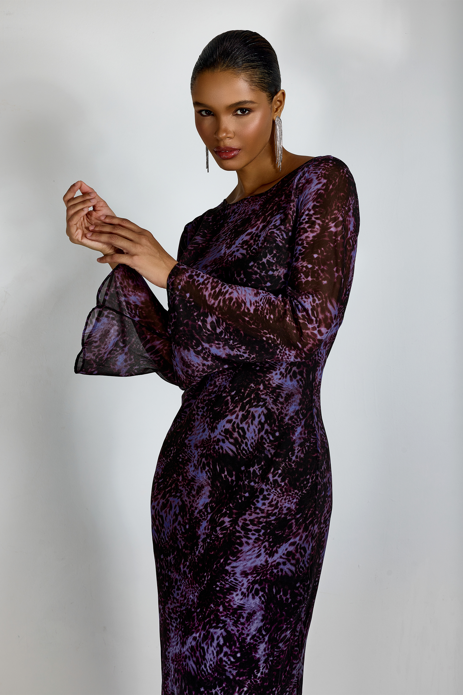 Phoebe Leopard Print Flare Cuffs Maxi Dress