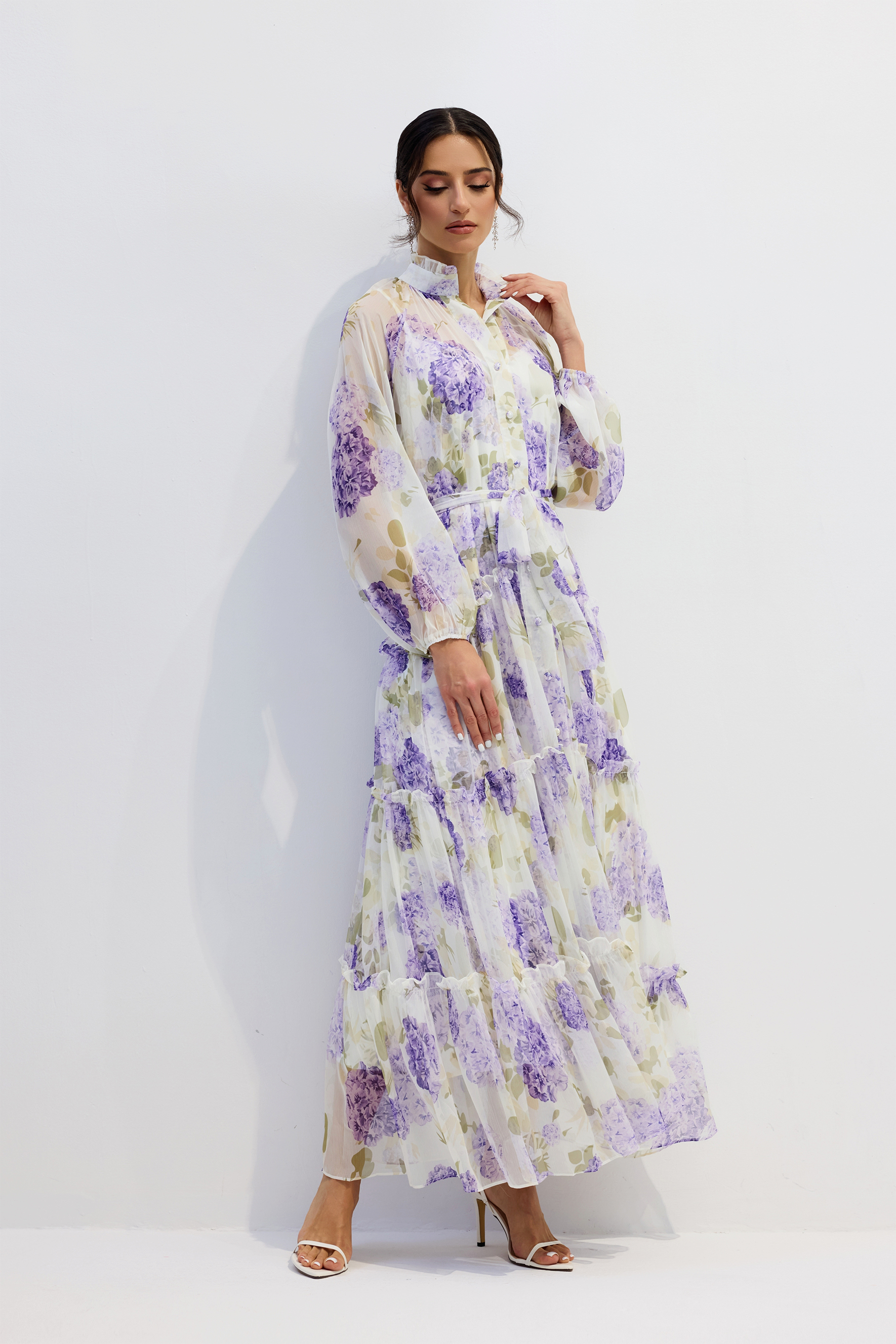 Helena Floral Print Long Sleeve Chiffon Maxi Dress