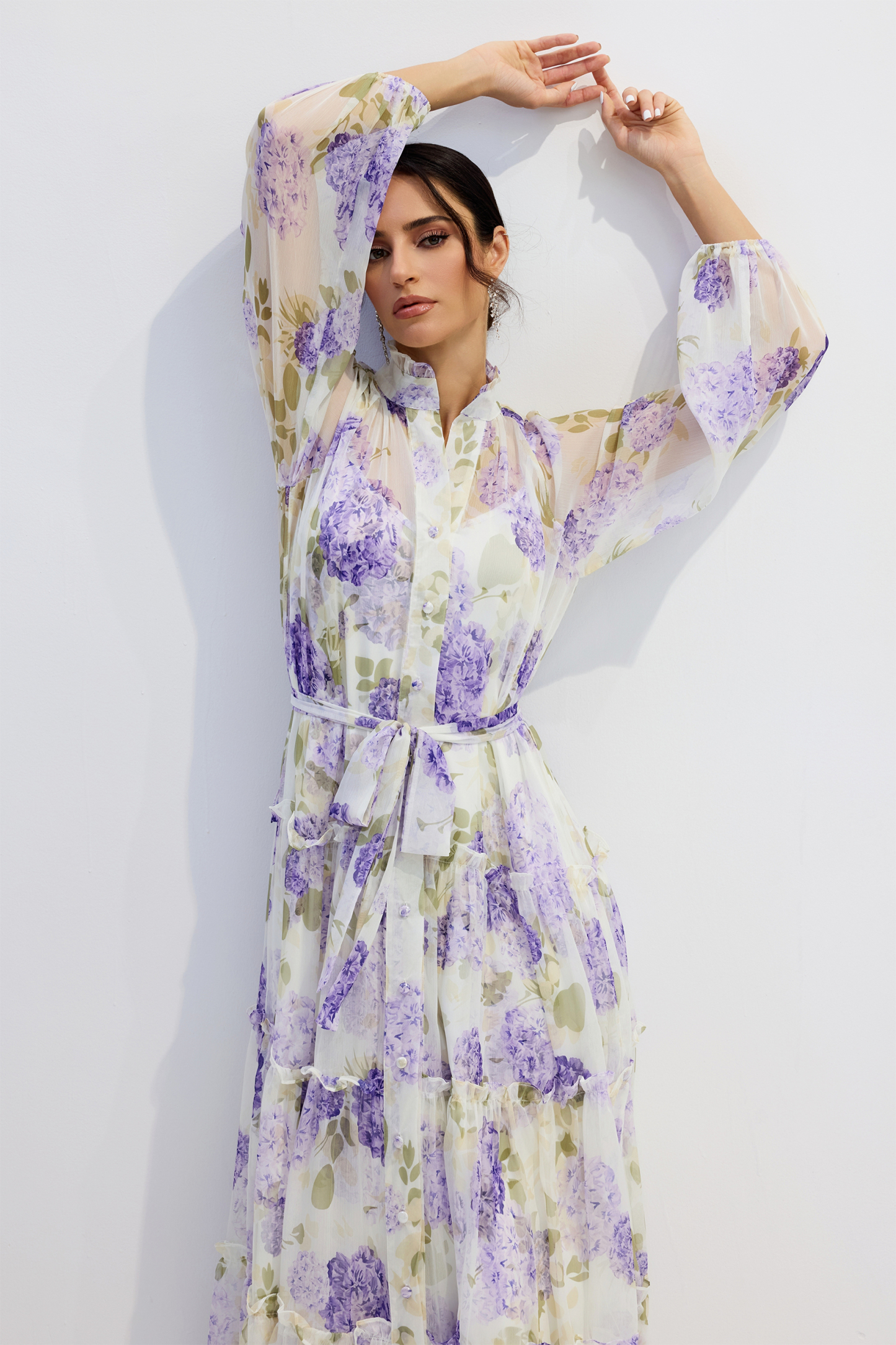 Helena Floral Print Long Sleeve Chiffon Maxi Dress