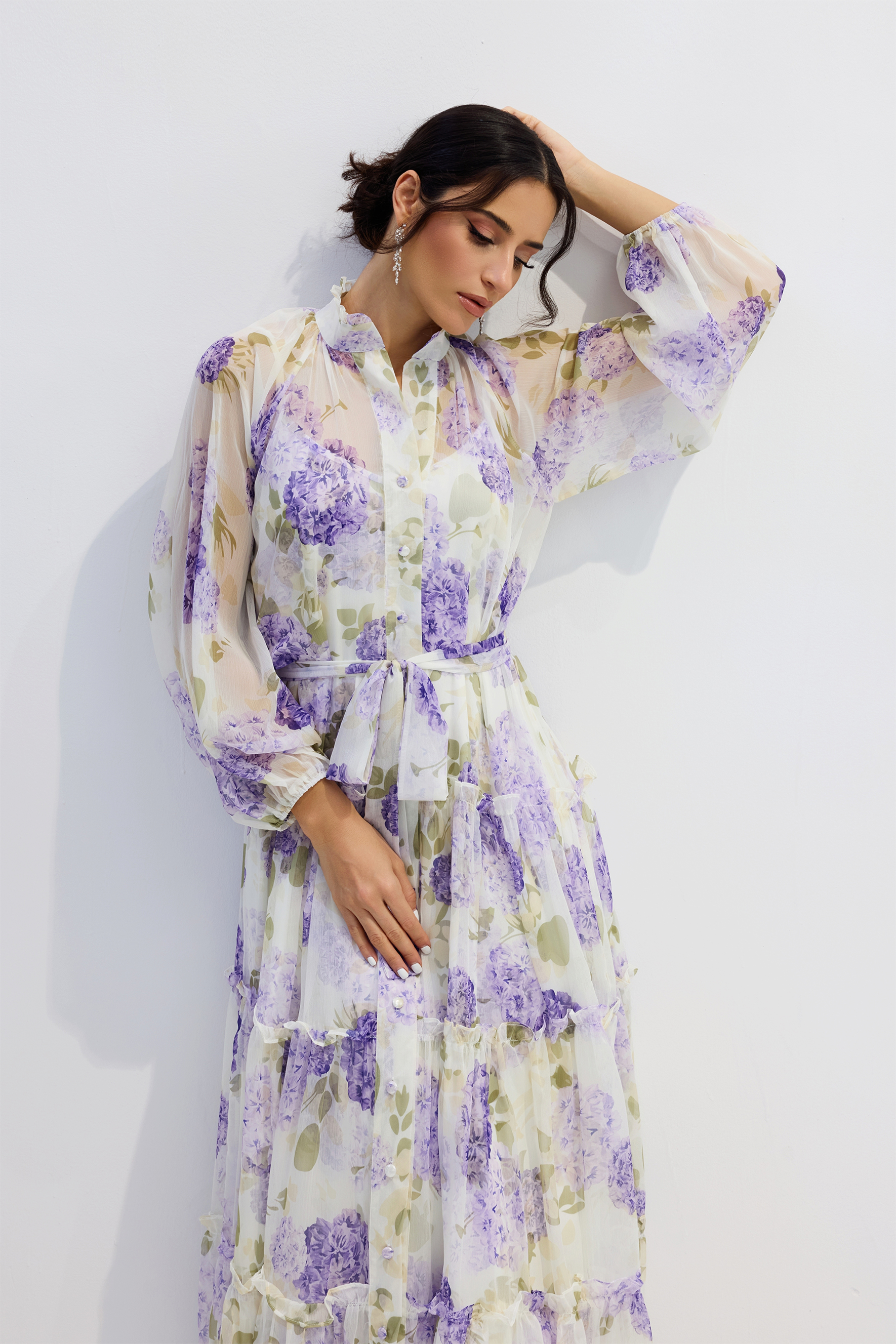 Helena Floral Print Long Sleeve Chiffon Maxi Dress