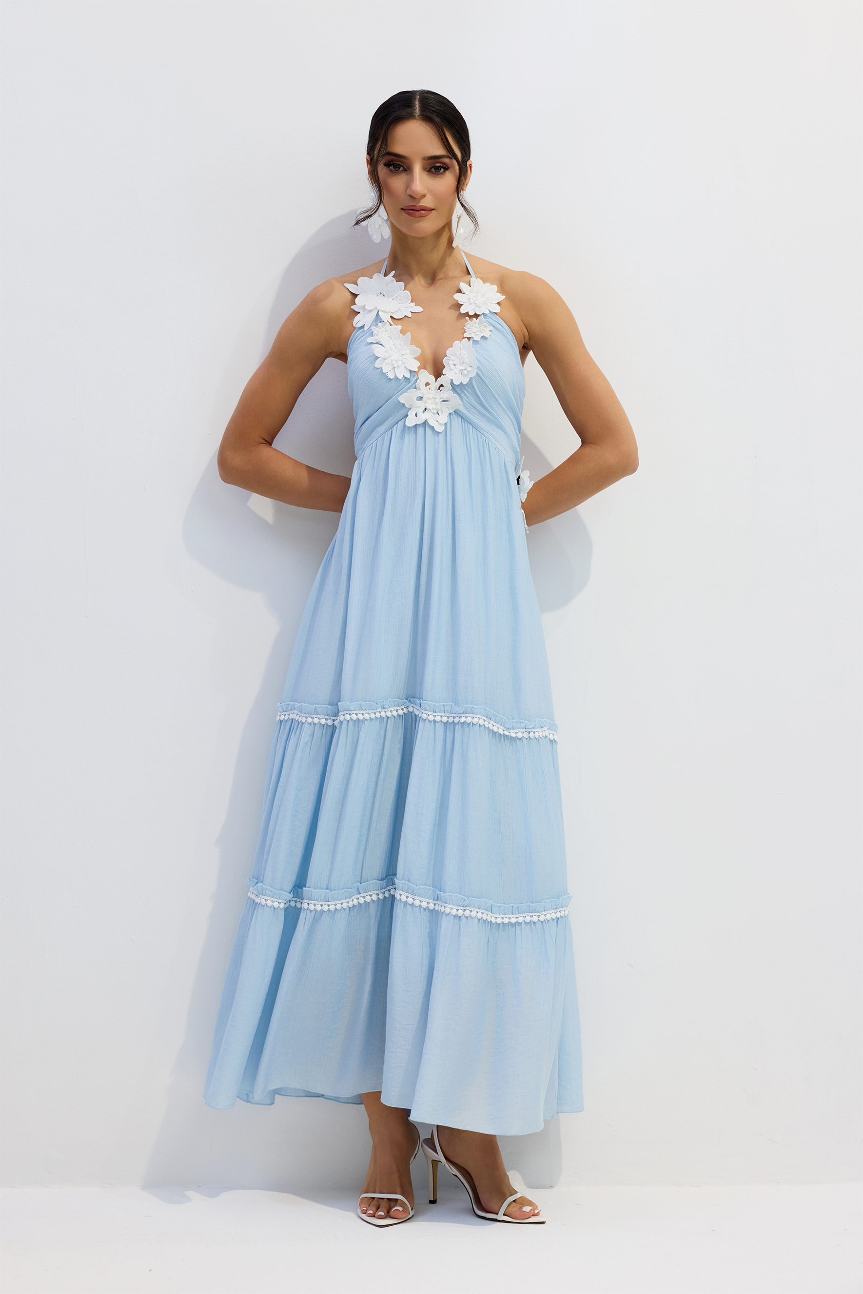 Lois Floral Applique Halter Maxi Dress