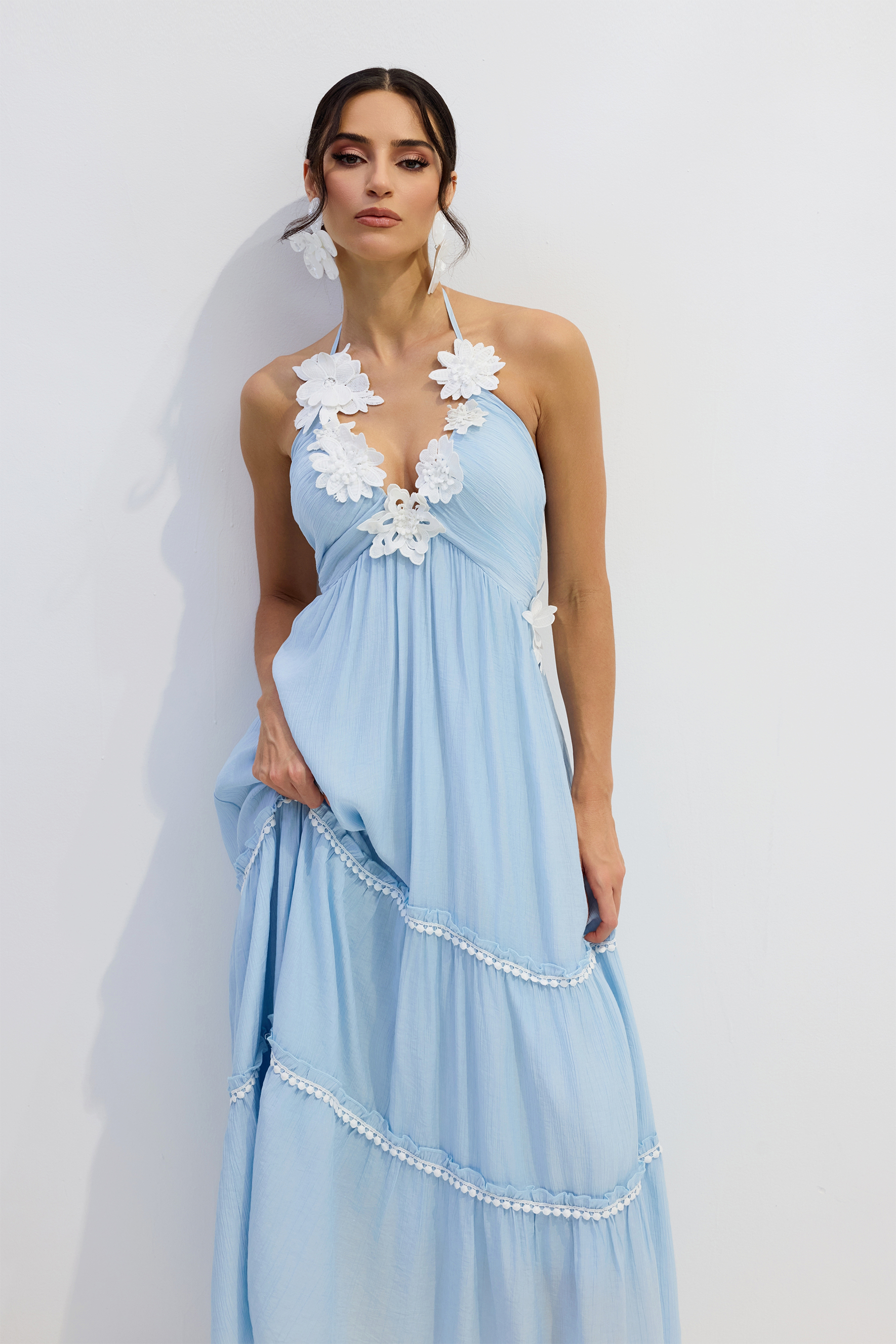 Lois Floral Applique Halter Maxi Dress