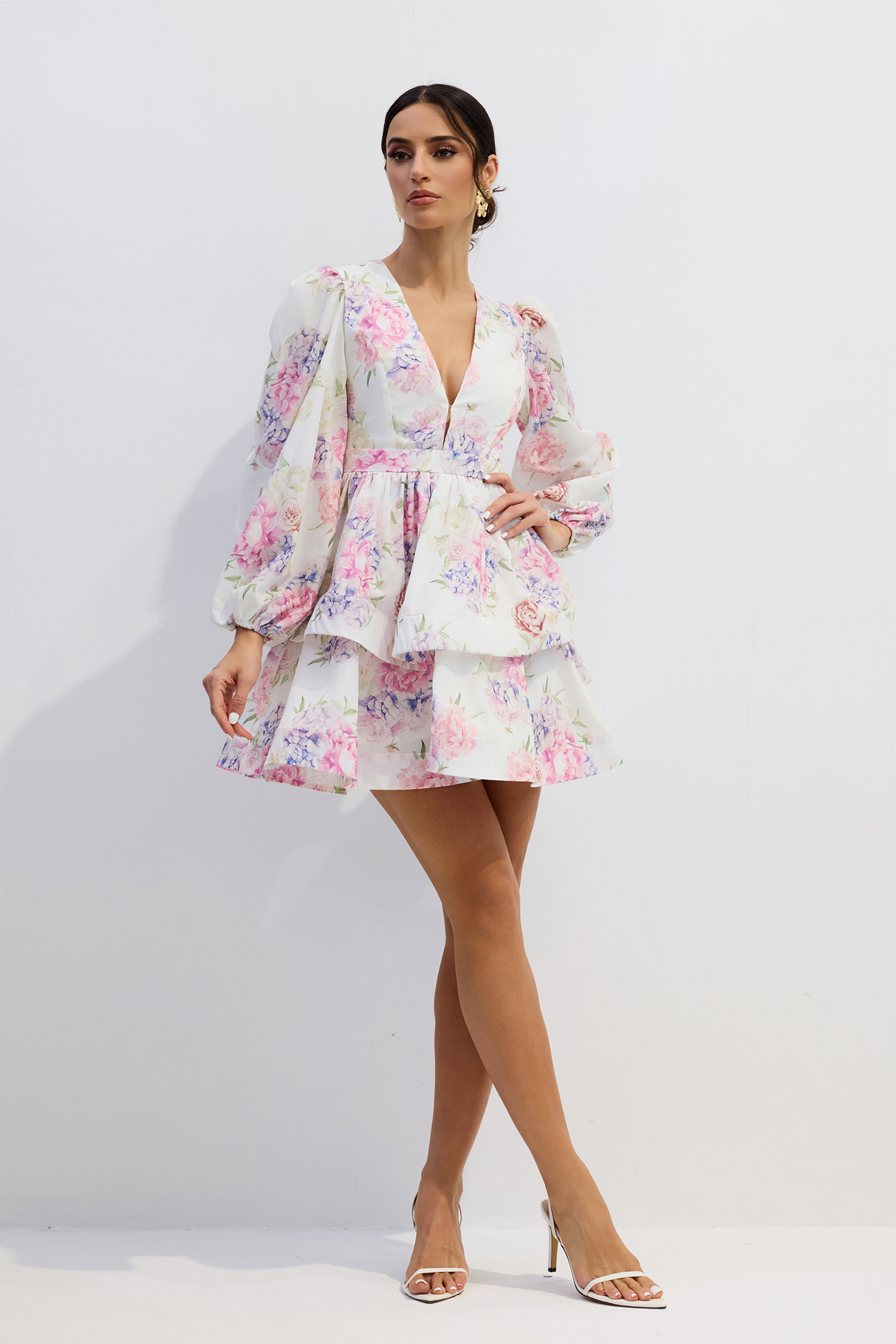 Bianca Floral Print Deep V-neck Mini Dress