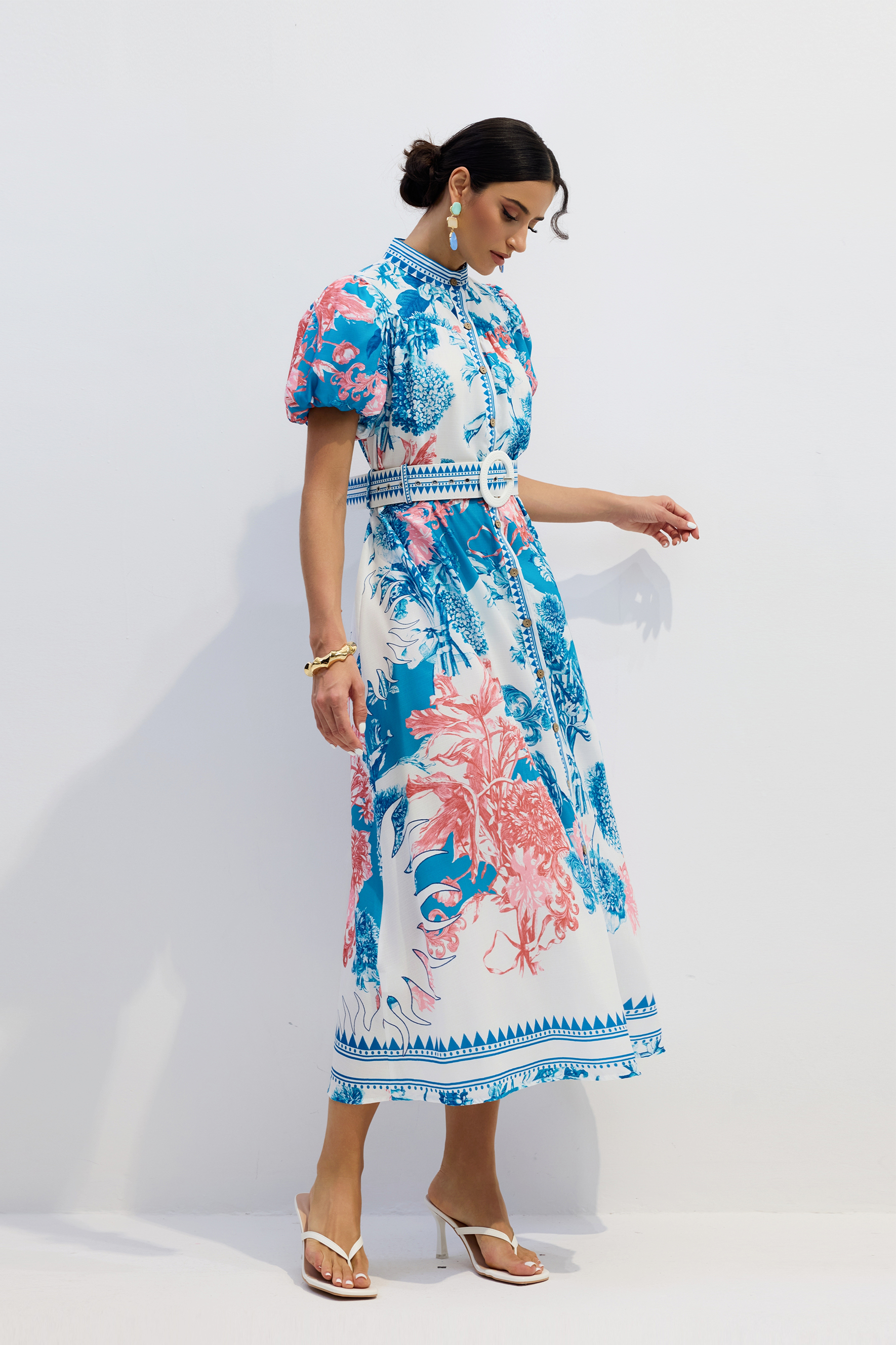 Karen Floral Print Puff Sleeve Midi Dress