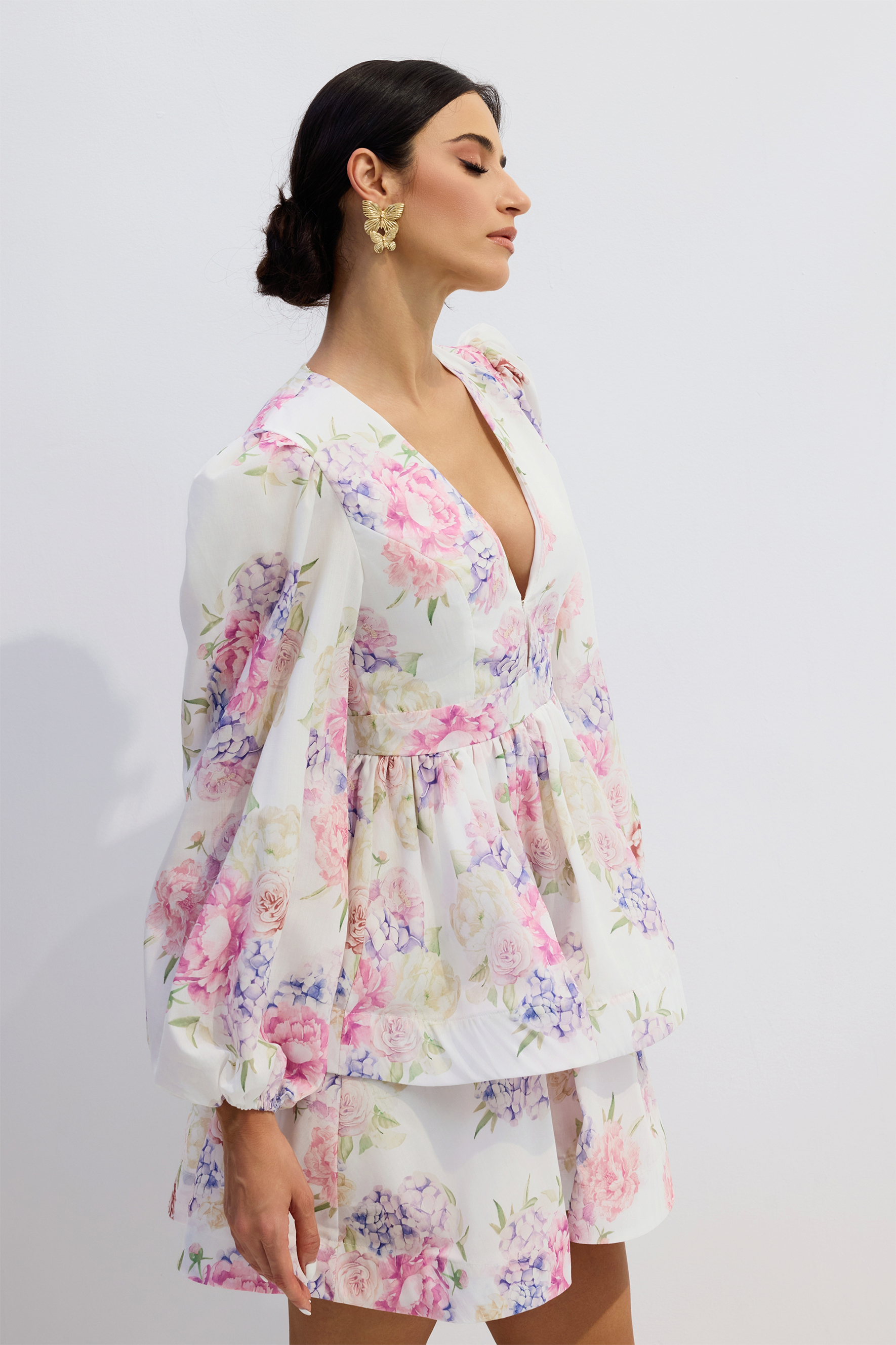 Bianca Floral Print Deep V-neck Mini Dress