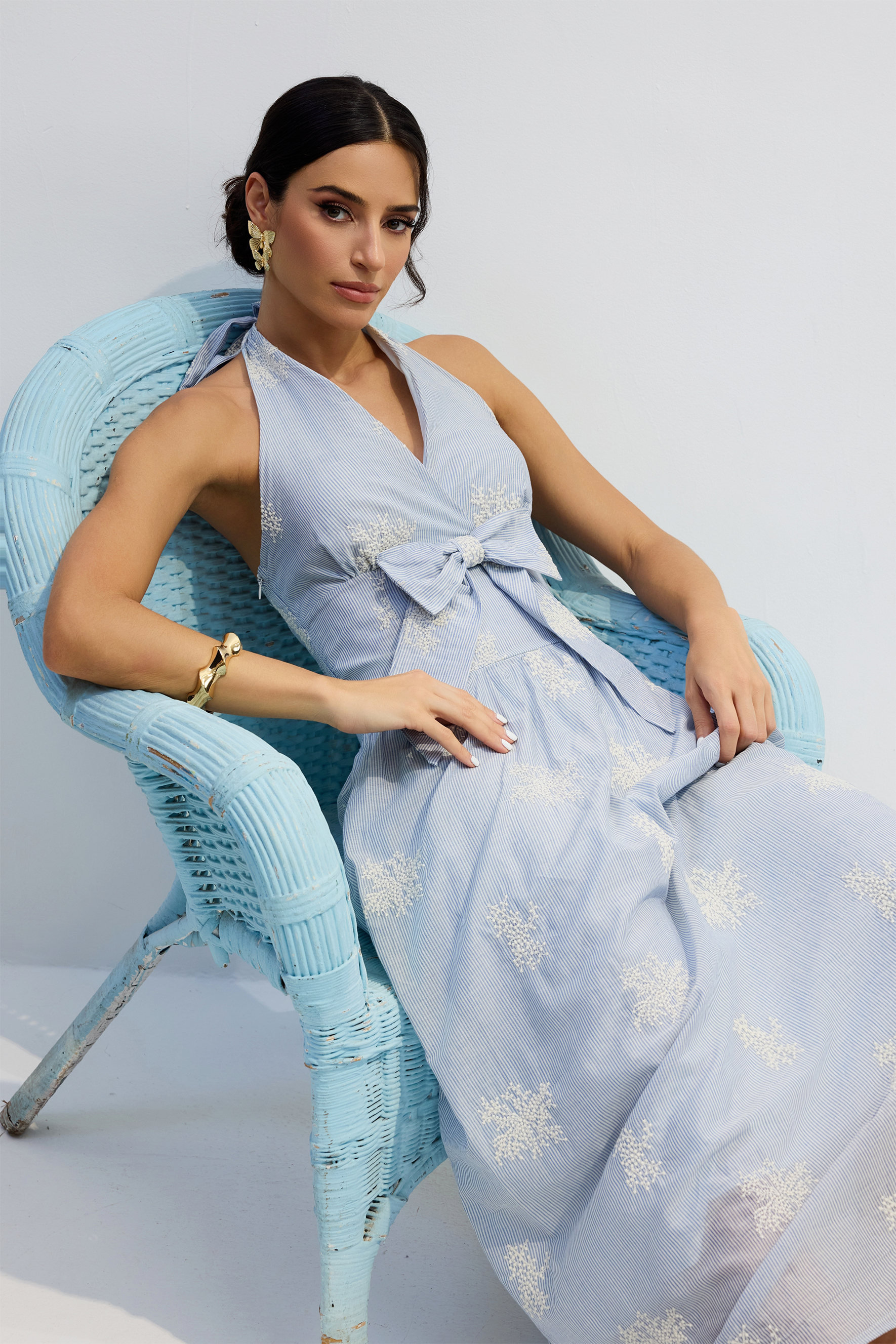 Erika Halter Striped Embroidery Maxi Dress