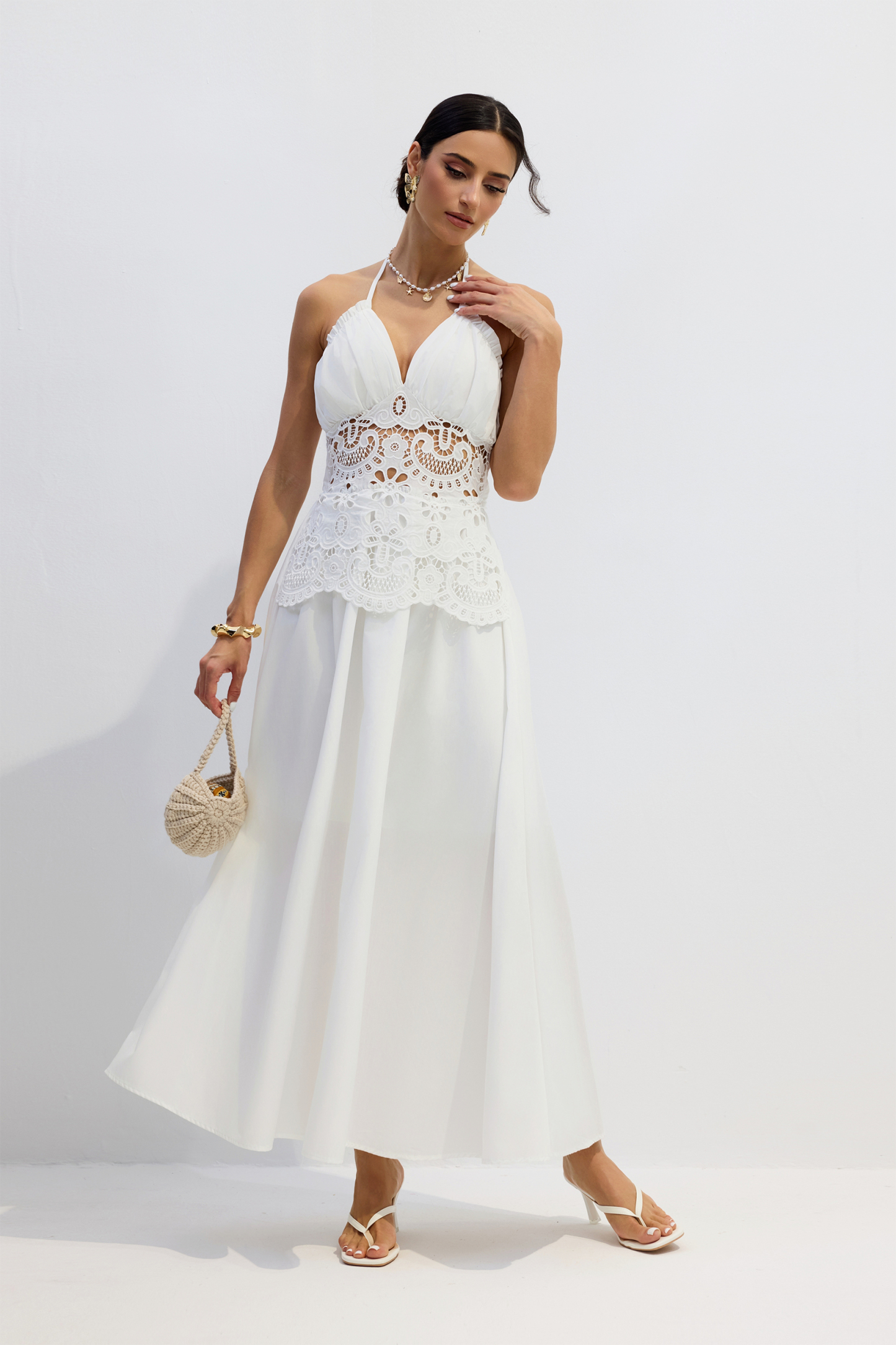 Tara Lace Embroidered Halterneck Maxi Dress