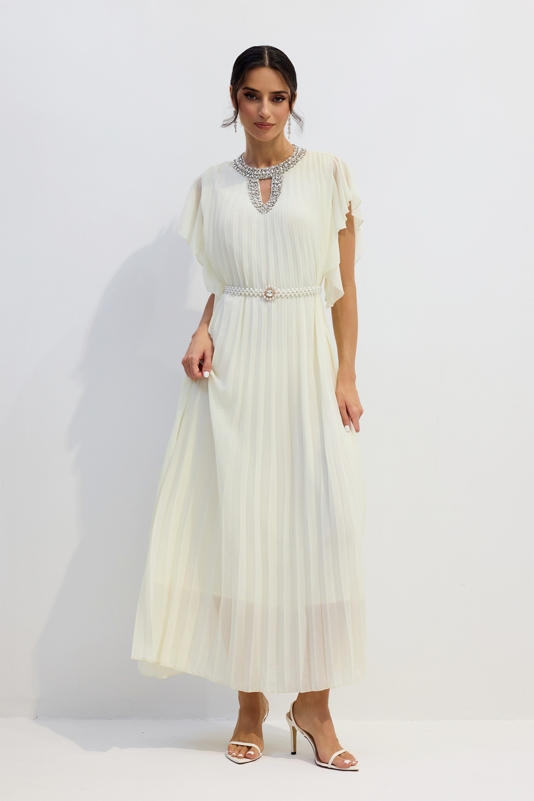 Renata Crystal Embellished Flutter Sleeve Maxi Dress