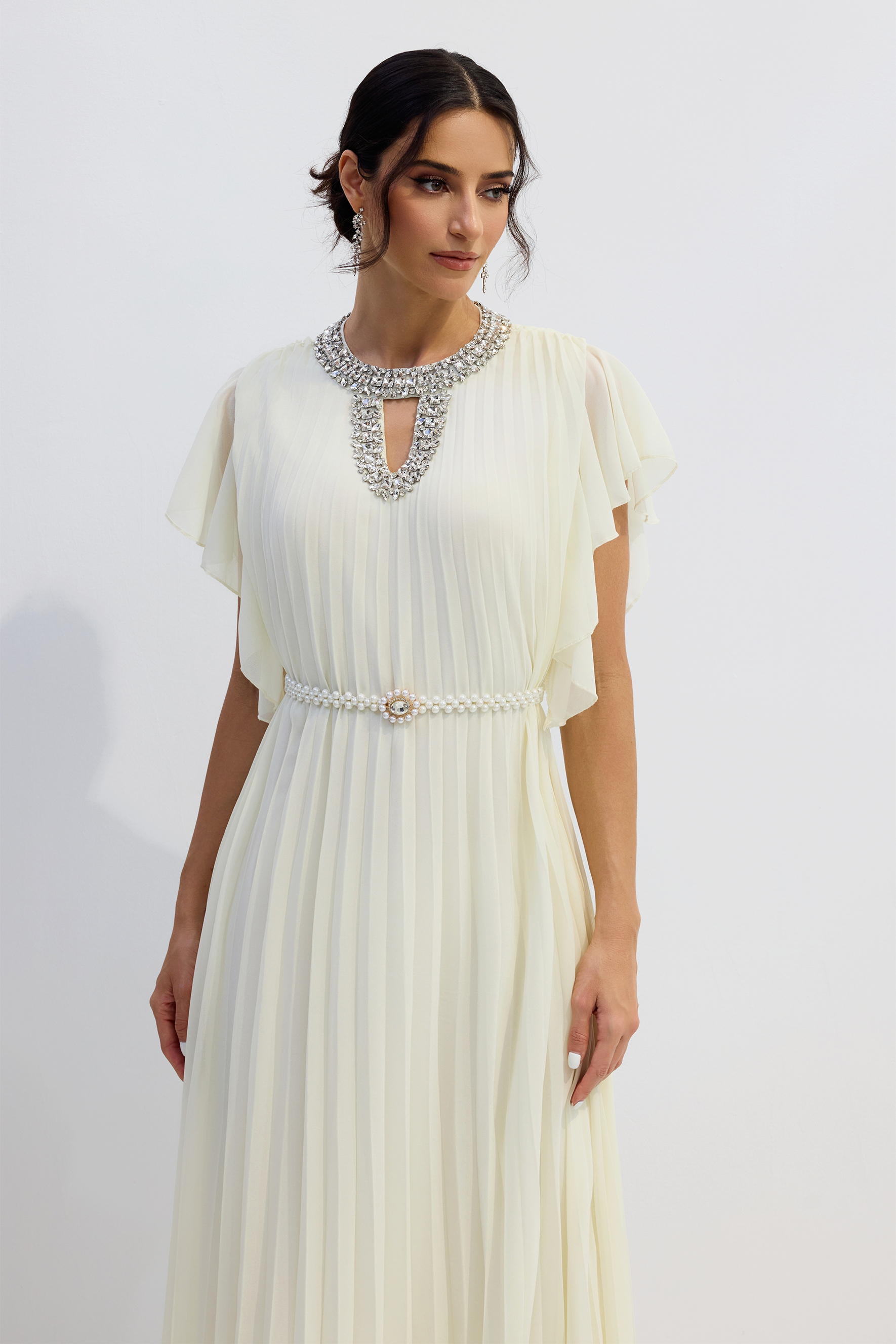 Renata Crystal Embellished Flutter Sleeve Maxi Dress