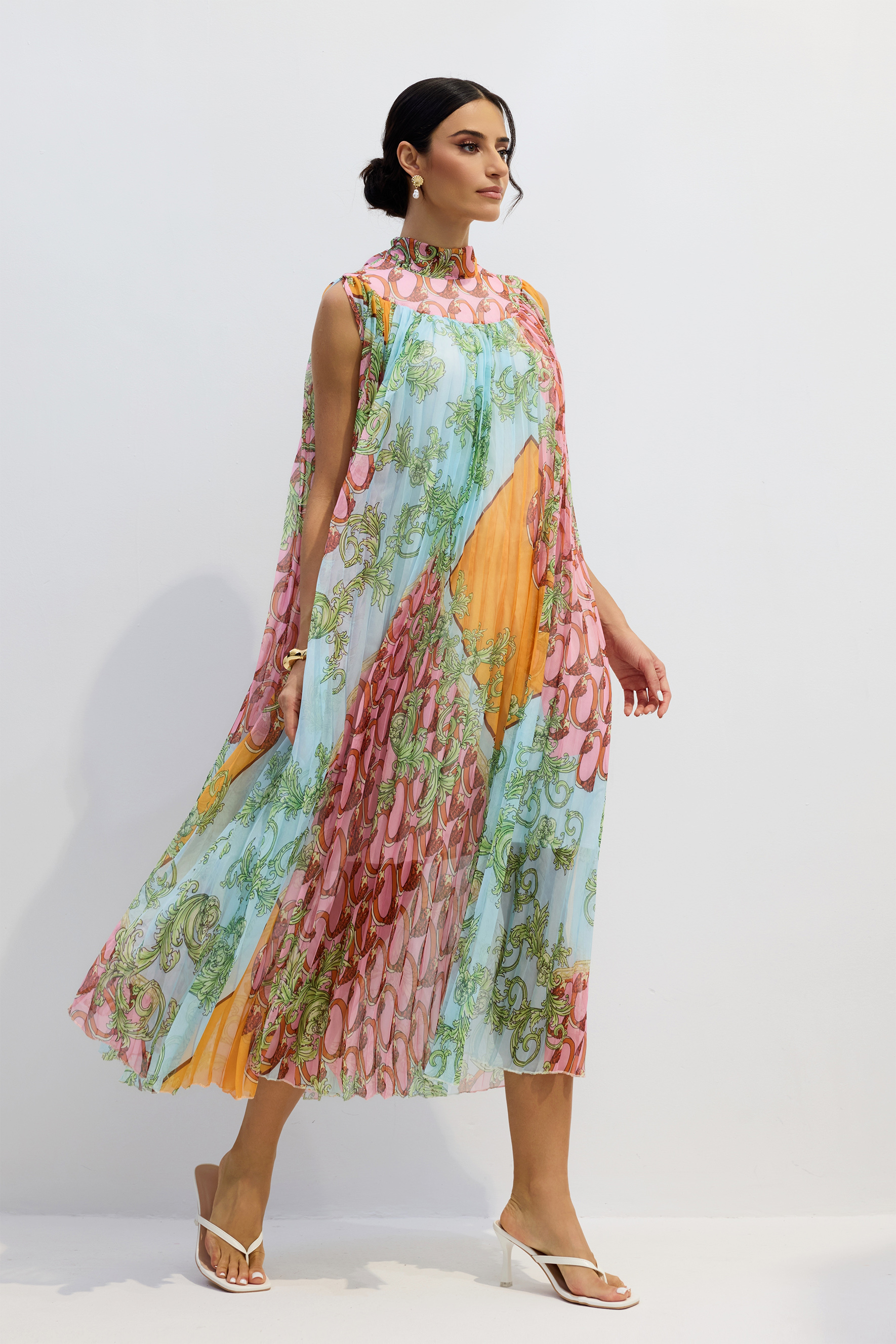 Martha Print Sleeveless Pleated Midi Dress