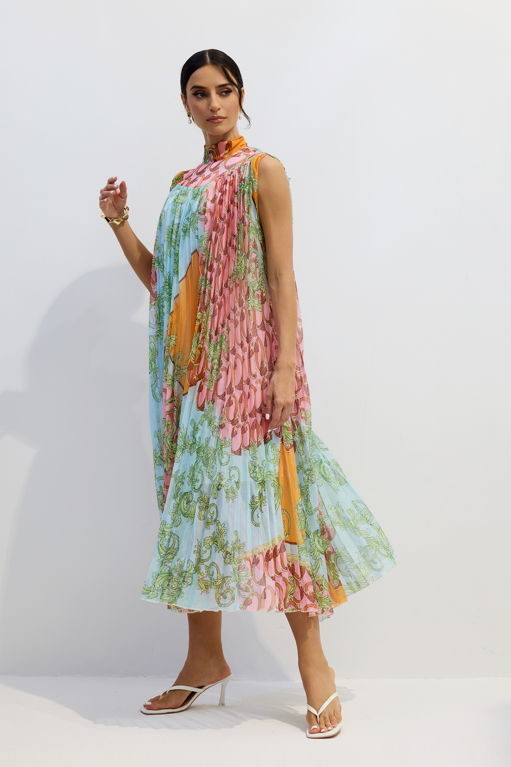 Martha Print Sleeveless Pleated Midi Dress