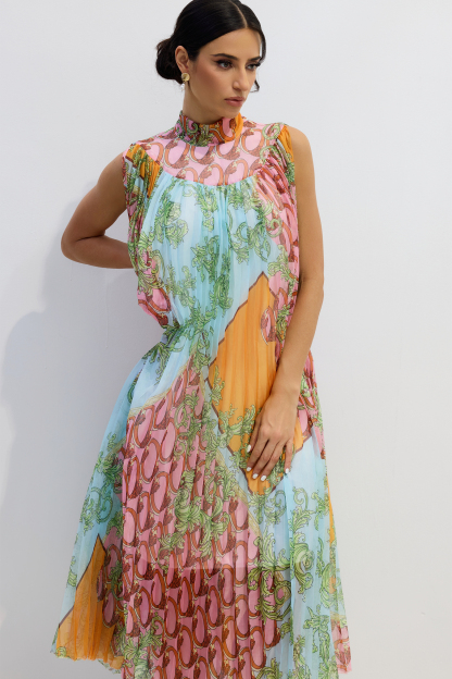 Martha Print Sleeveless Pleated Midi Dress