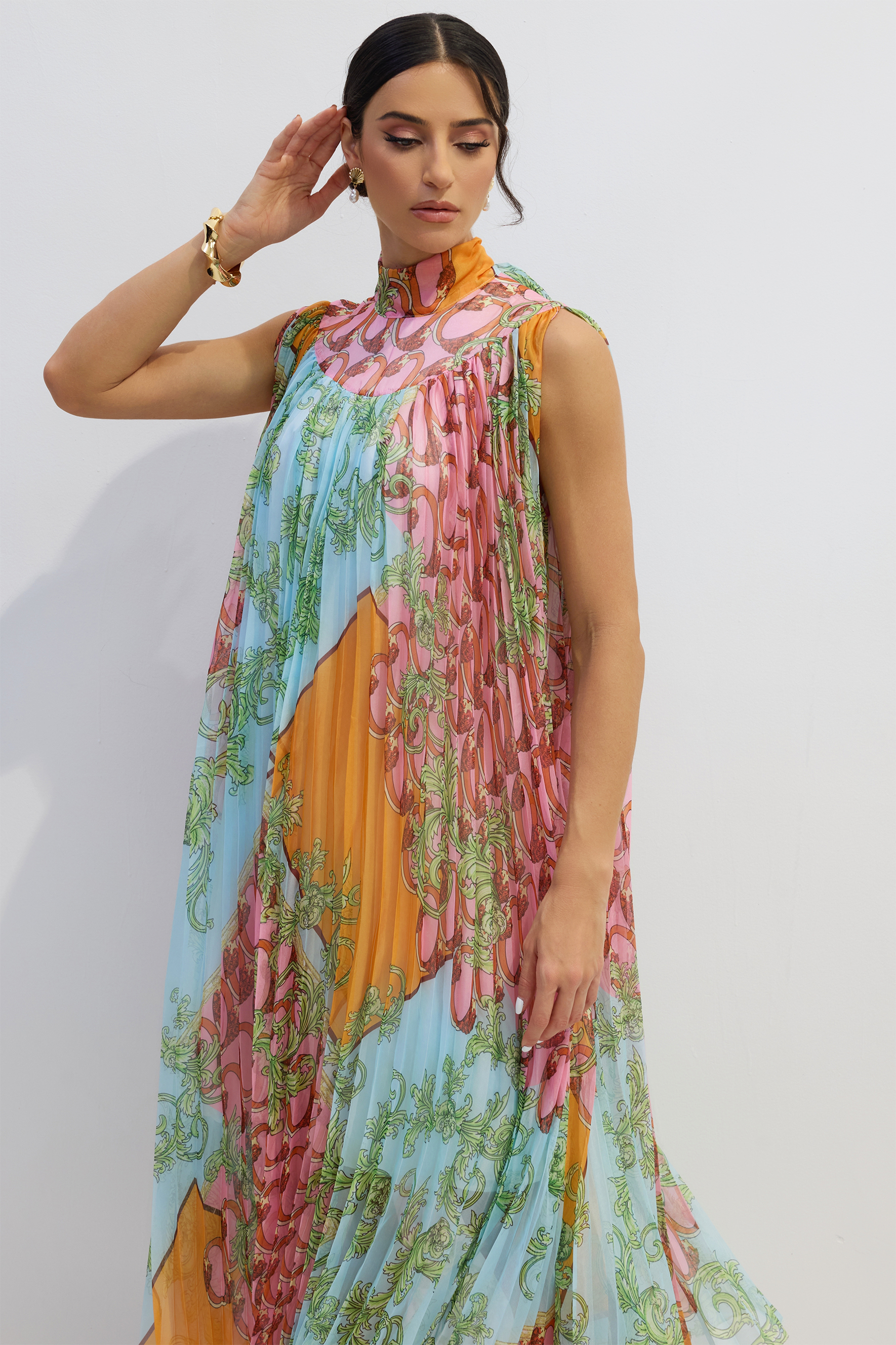 Martha Print Sleeveless Pleated Midi Dress