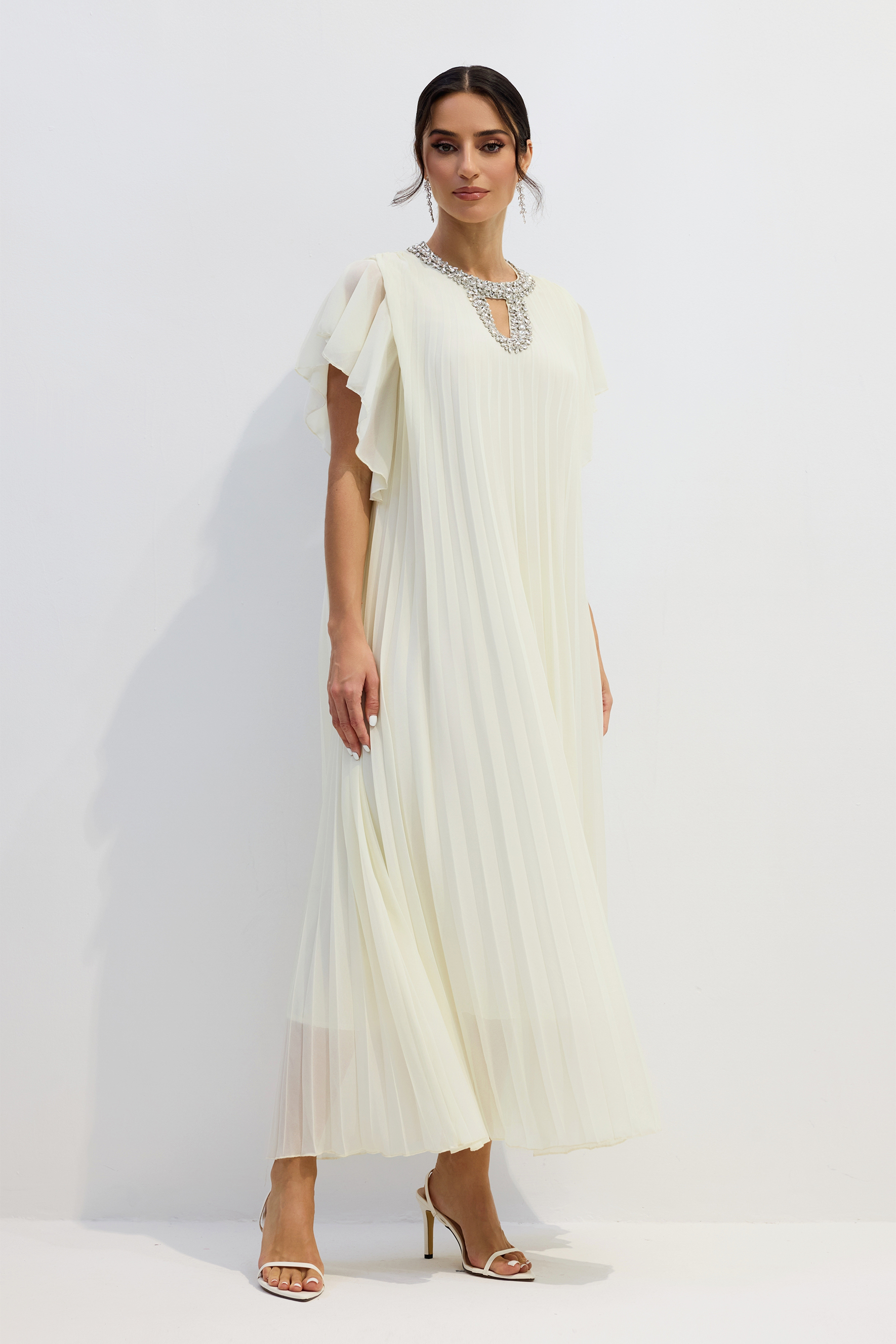 Renata Crystal Embellished Flutter Sleeve Maxi Dress