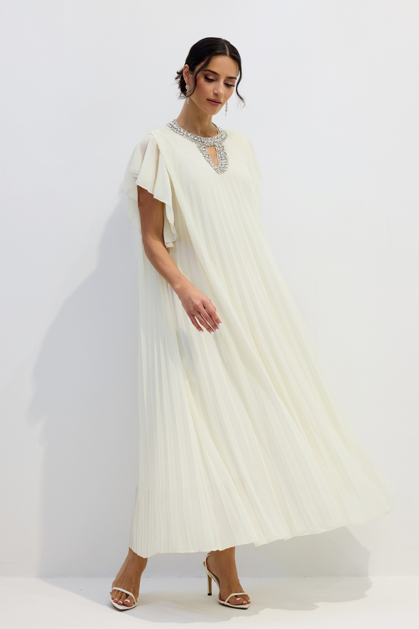 Renata Crystal Embellished Flutter Sleeve Maxi Dress