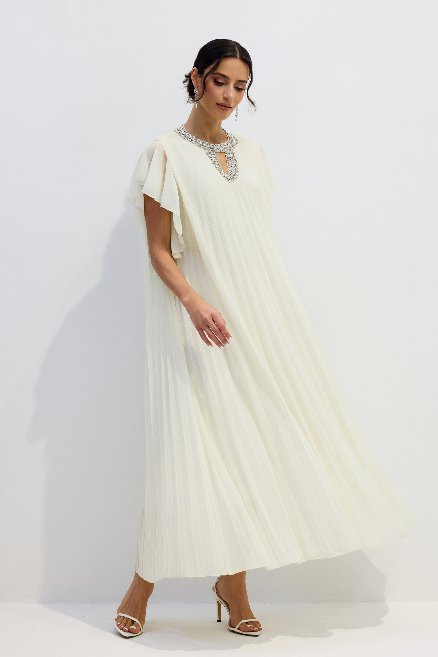 Renata Crystal Embellished Flutter Sleeve Maxi Dress