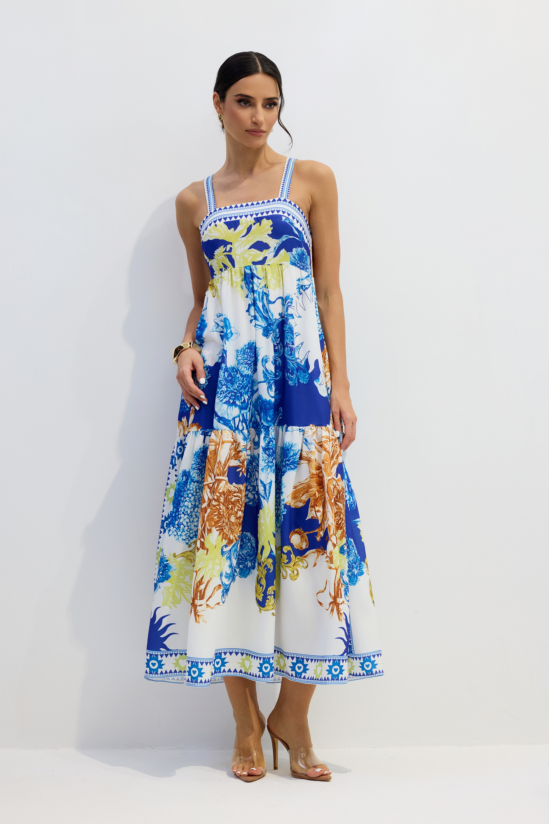 Nessia Floral Print Shirred Maxi Dress