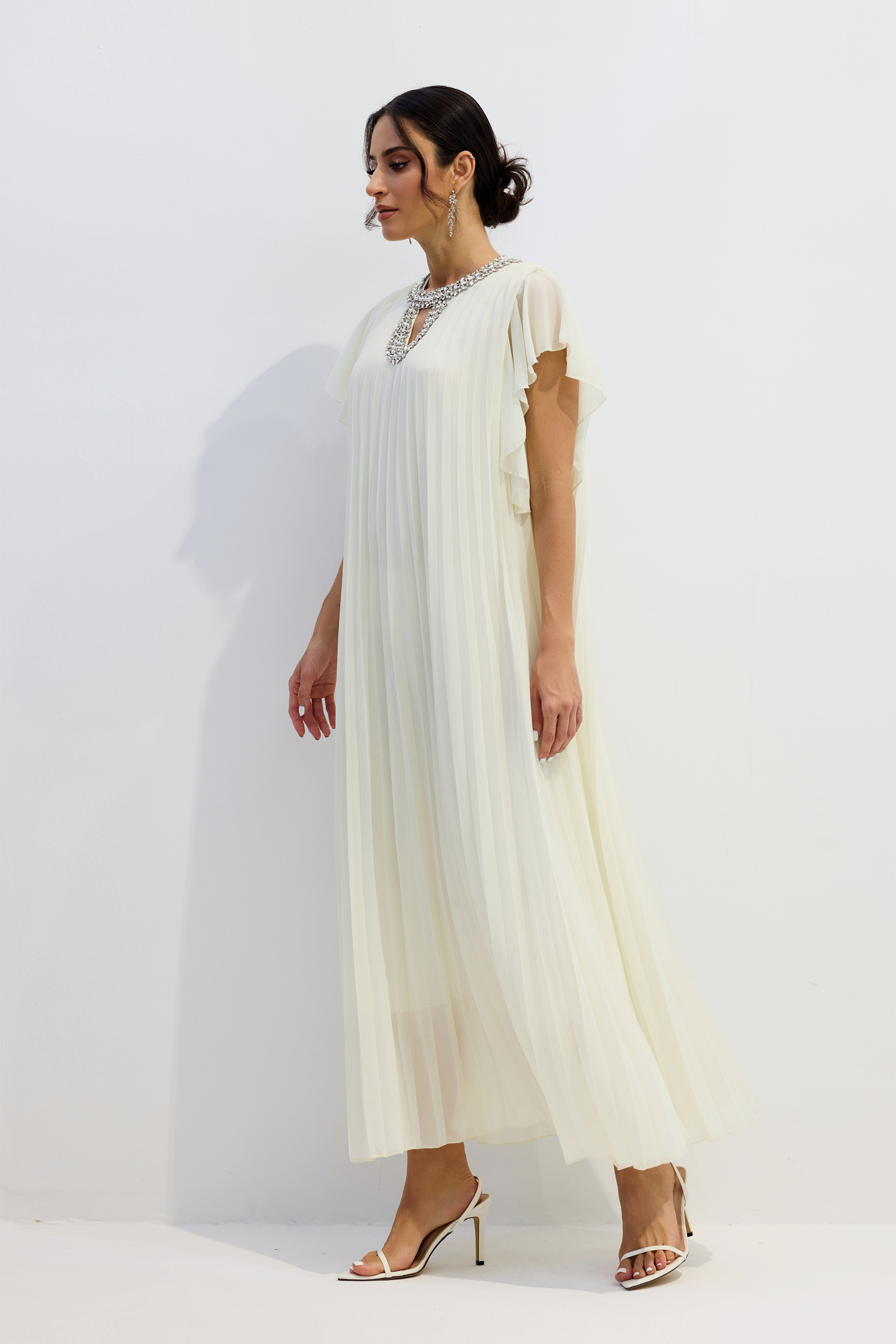 Renata Crystal Embellished Flutter Sleeve Maxi Dress