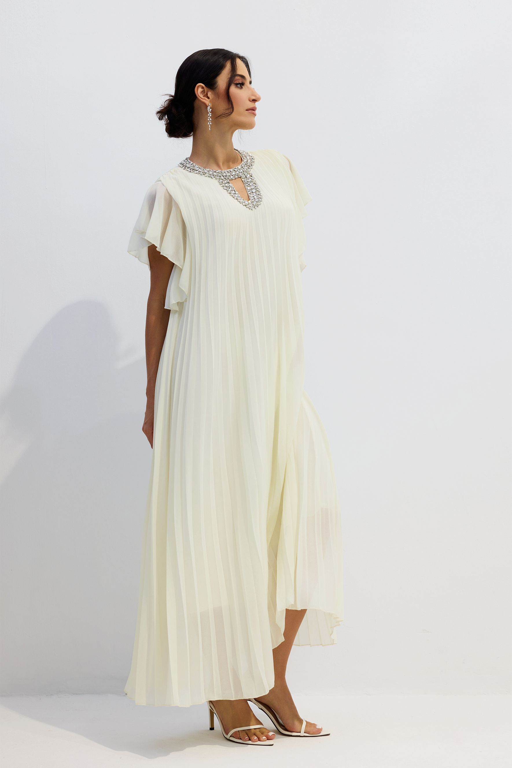 Renata Crystal Embellished Flutter Sleeve Maxi Dress