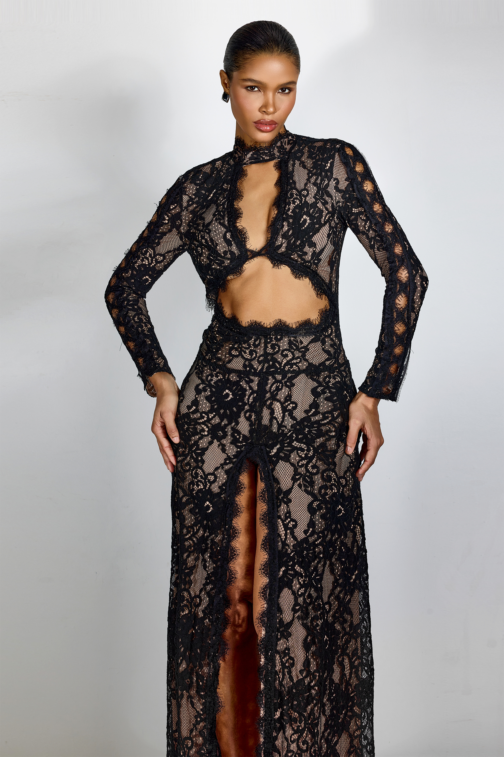 Natalie Cutout High Slit Lace Maxi Dress
