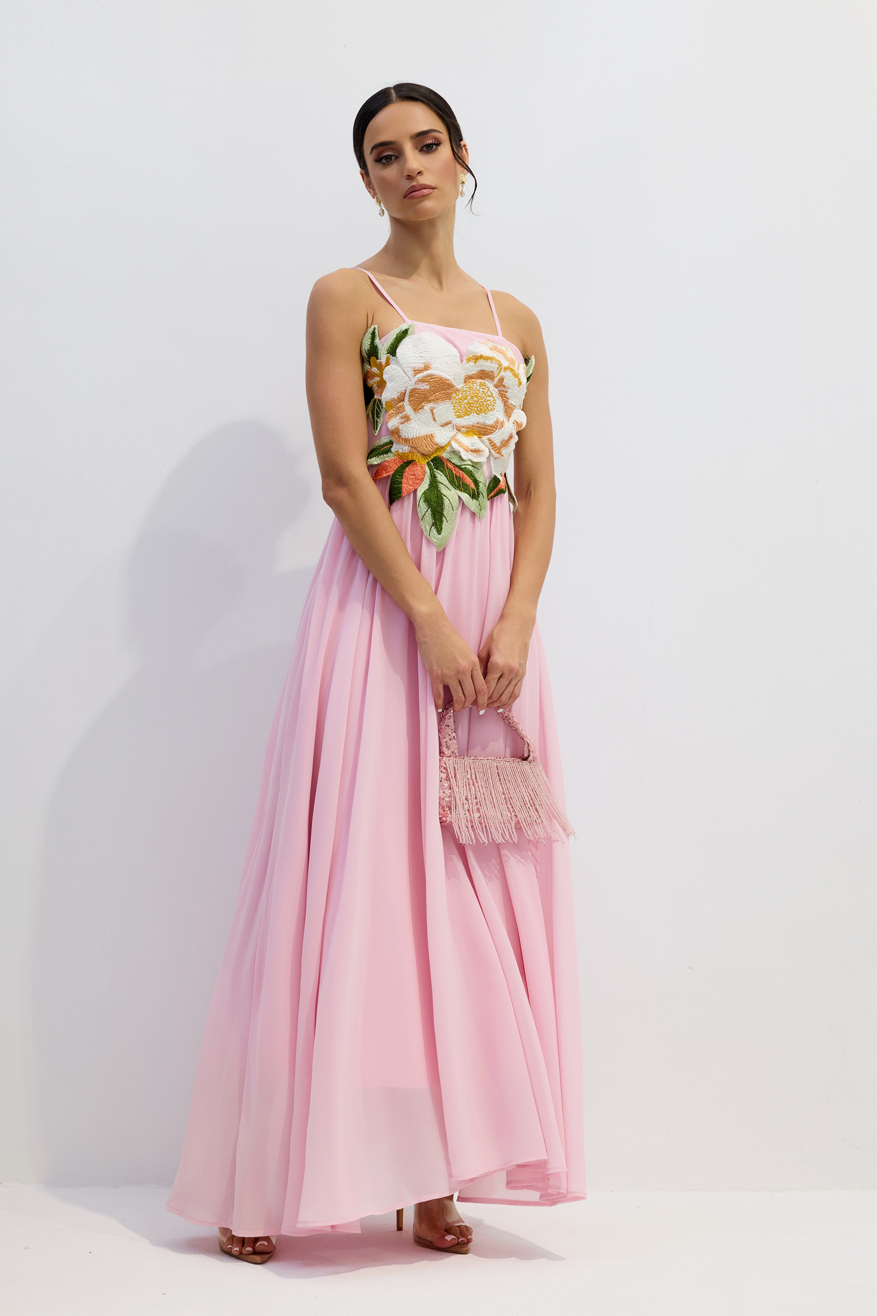 Gilda Floral Applique Spaghetti Straps Maxi Dress