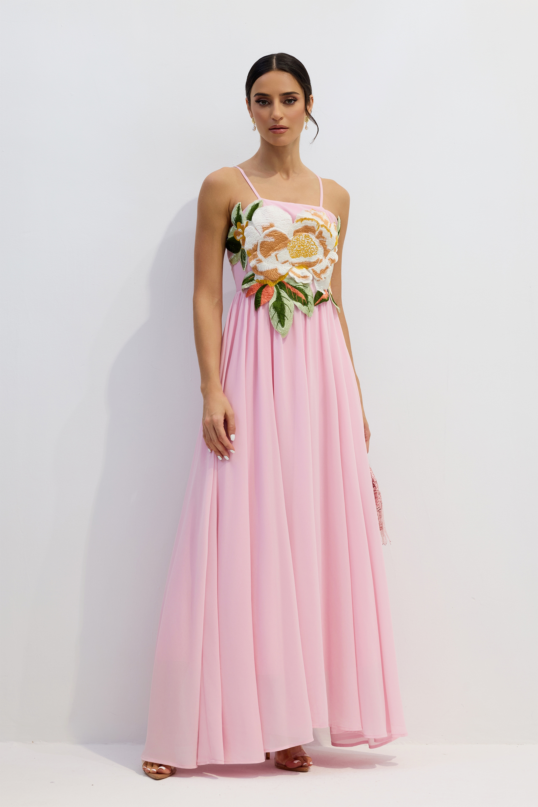 Gilda Floral Applique Spaghetti Straps Maxi Dress