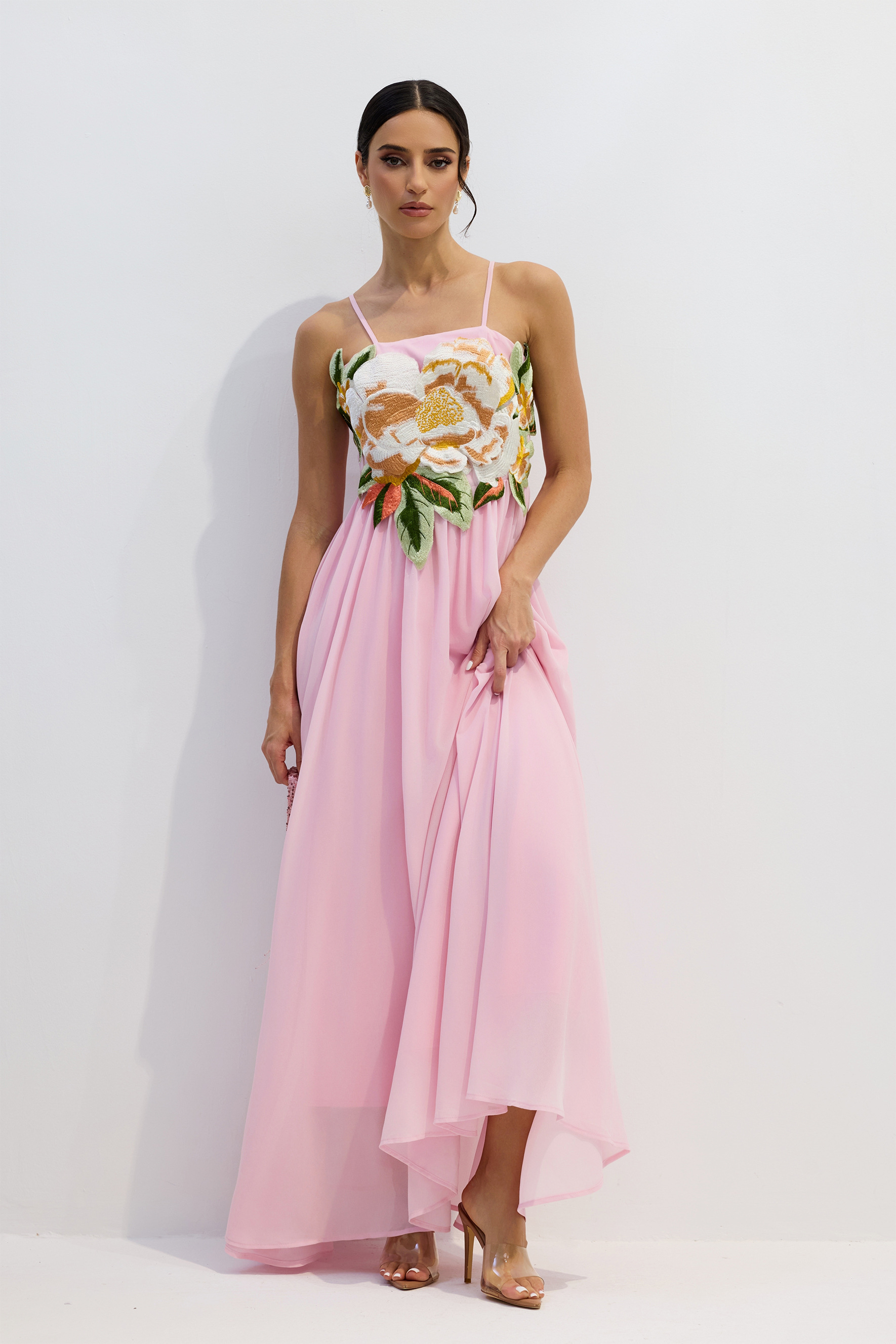Gilda Floral Applique Spaghetti Straps Maxi Dress