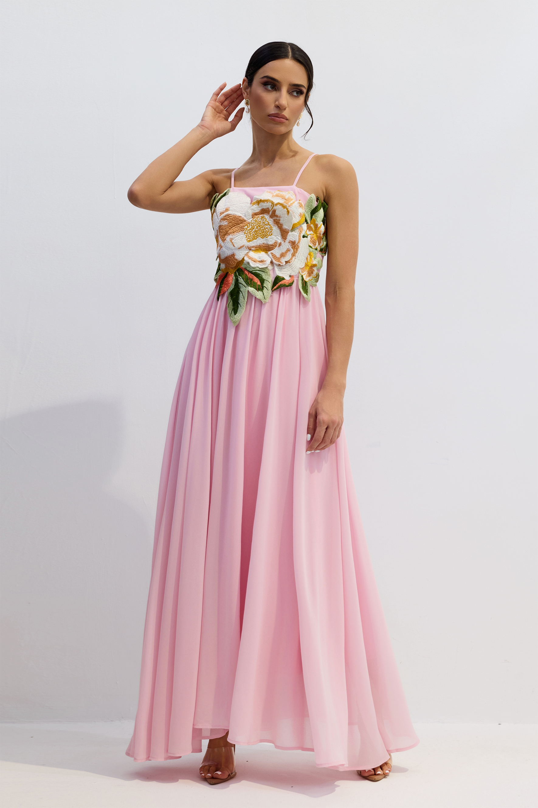 Gilda Floral Applique Spaghetti Straps Maxi Dress