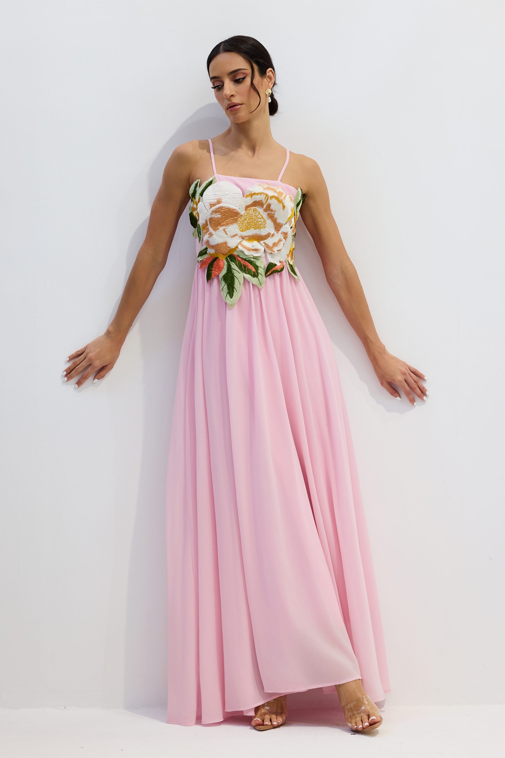 Gilda Floral Applique Spaghetti Straps Maxi Dress