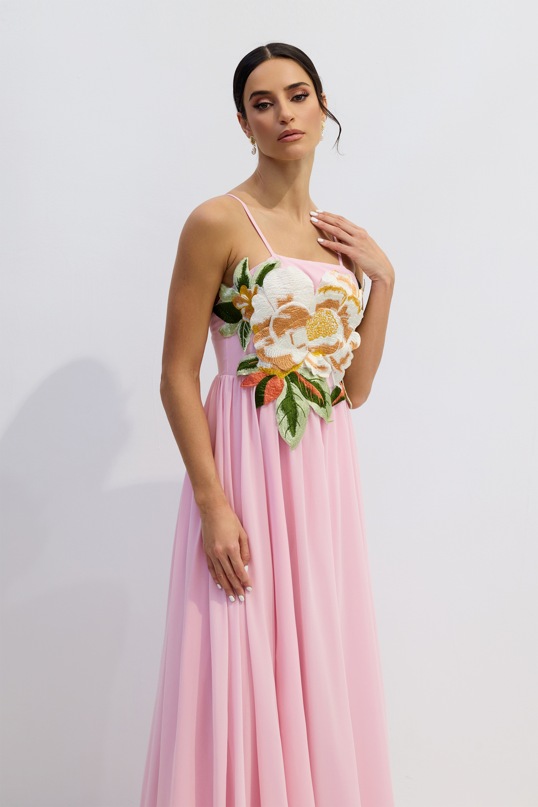 Gilda Floral Applique Spaghetti Straps Maxi Dress