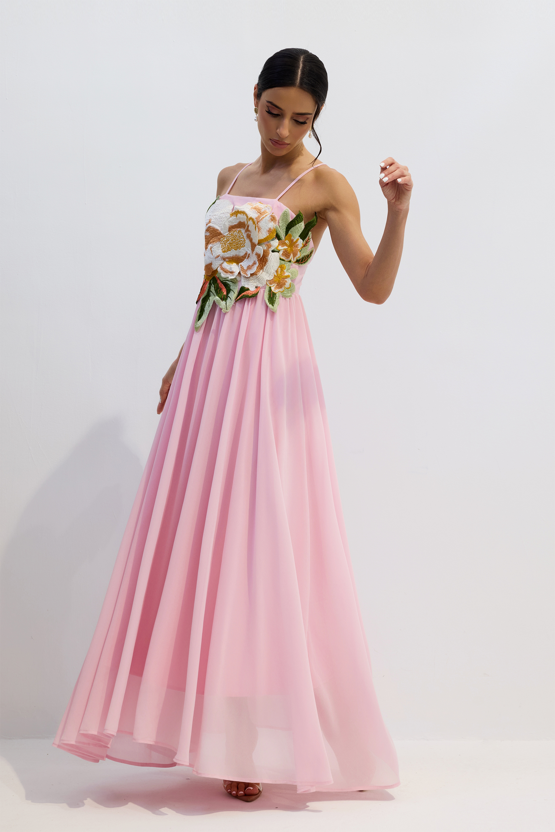 Gilda Floral Applique Spaghetti Straps Maxi Dress