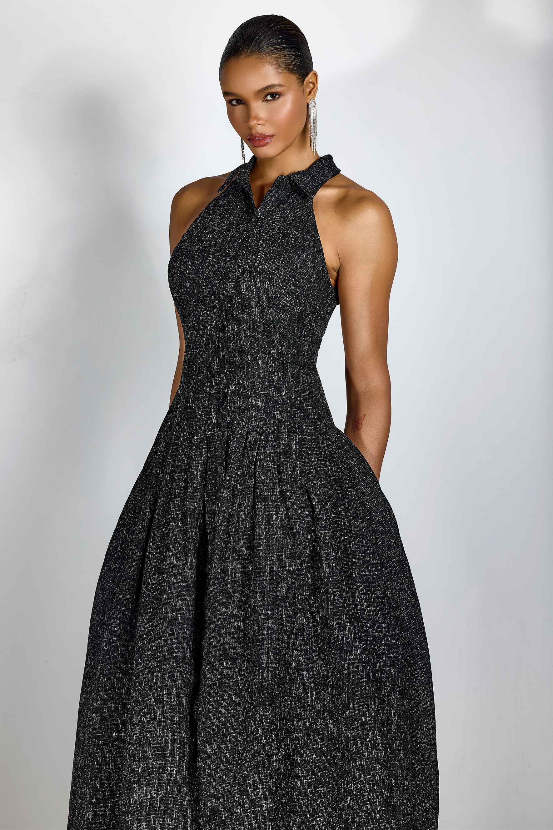 Alarice Shirt Collar Sleeveless Tweed Maxi Dress