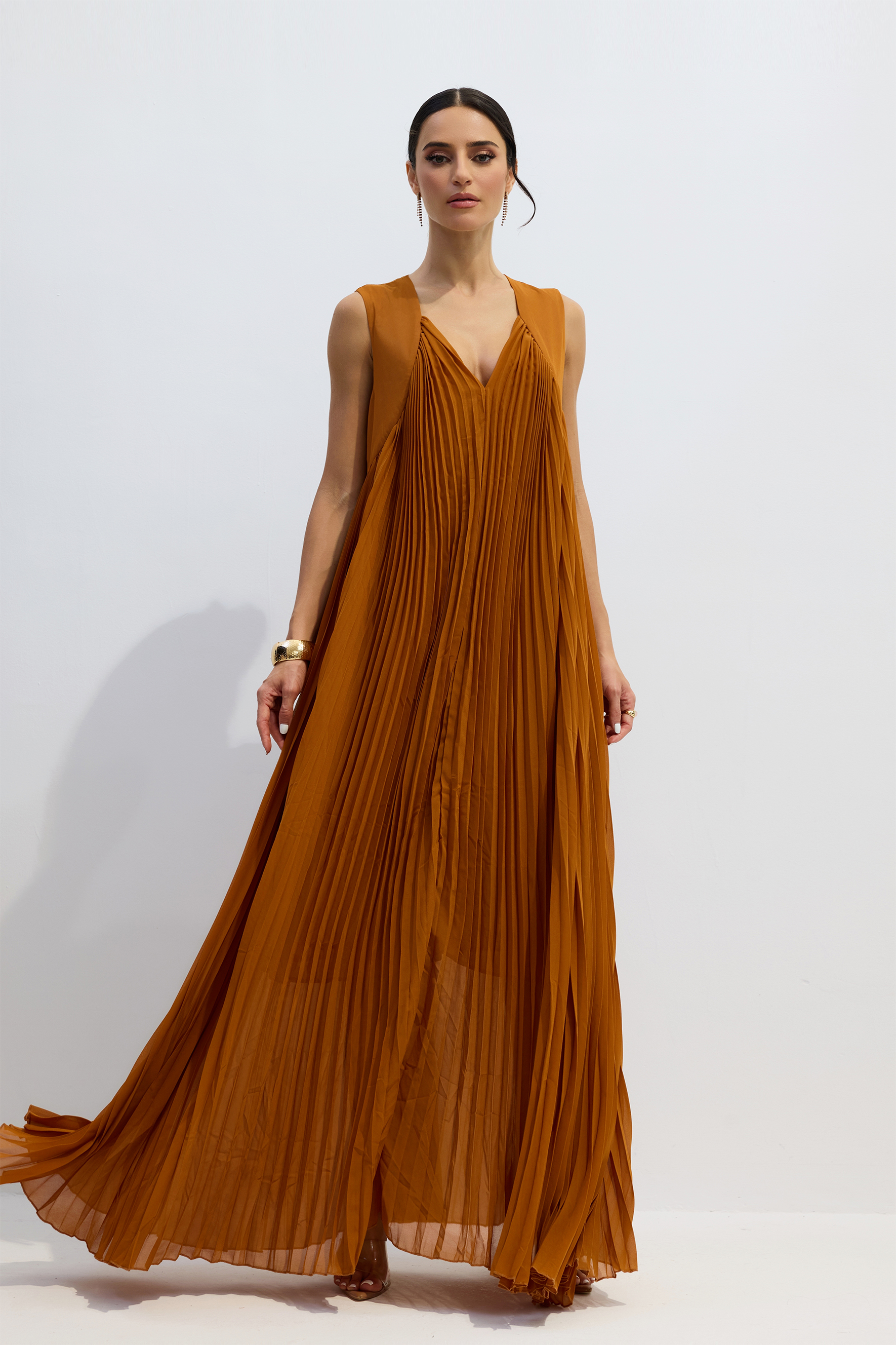 Minerva V-Neck Pleated Maxi Dress