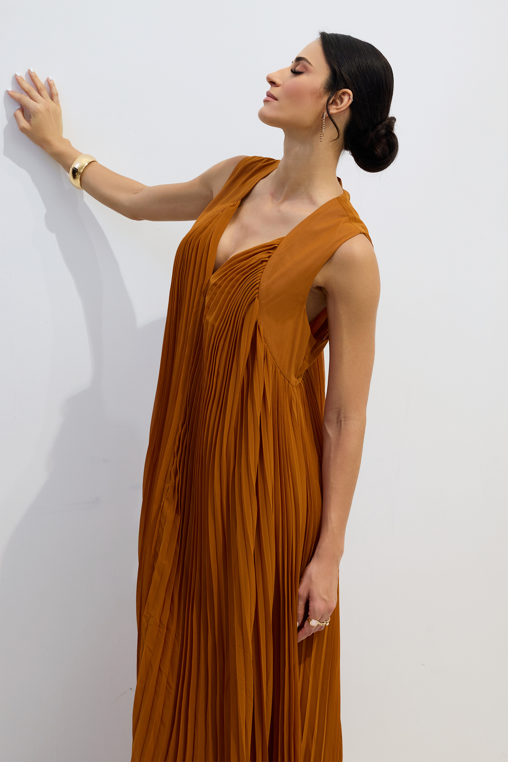 Minerva V-Neck Pleated Maxi Dress