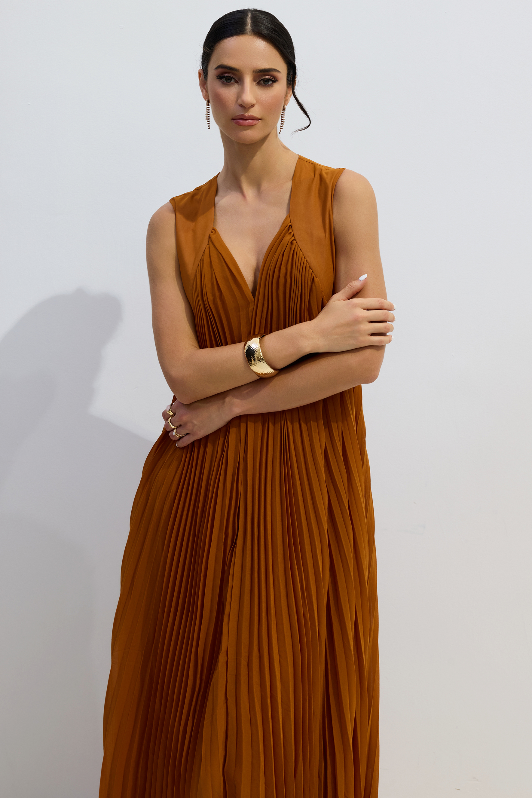 Minerva V-Neck Pleated Maxi Dress