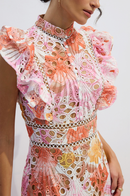 Hilda Print Lace Embroidered Maxi Dress