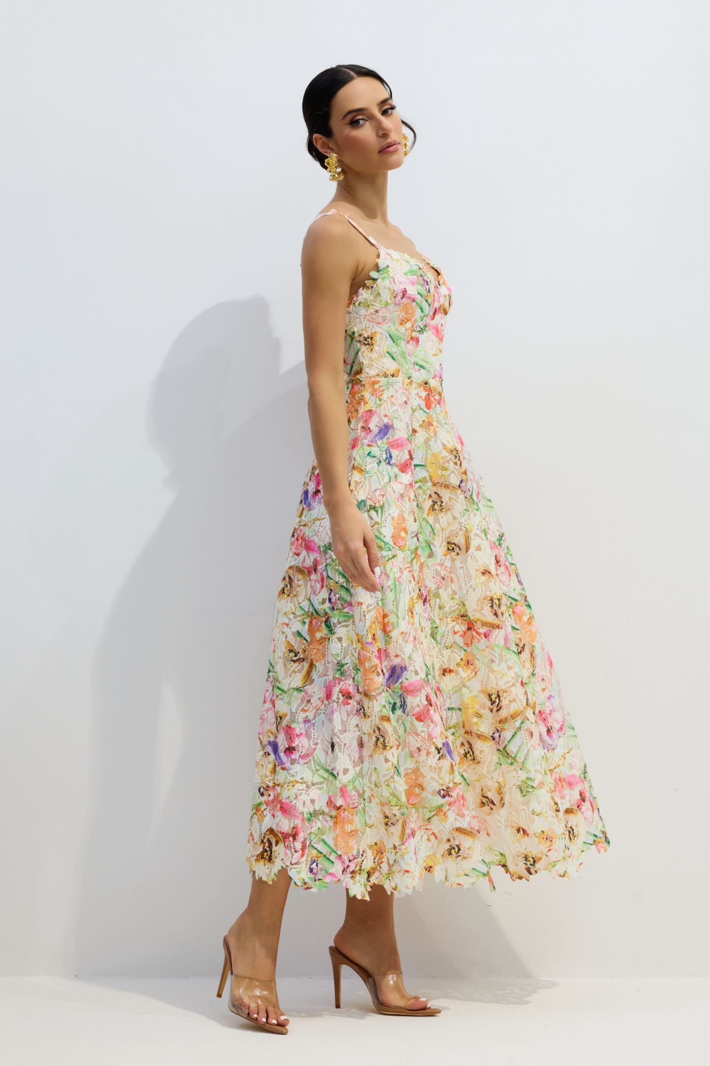 Violet Floral Embroidered Lace Midi Dress