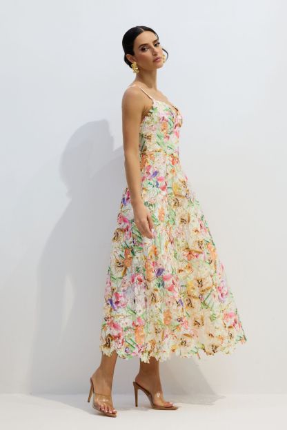 Violet Floral Embroidered Lace Midi Dress
