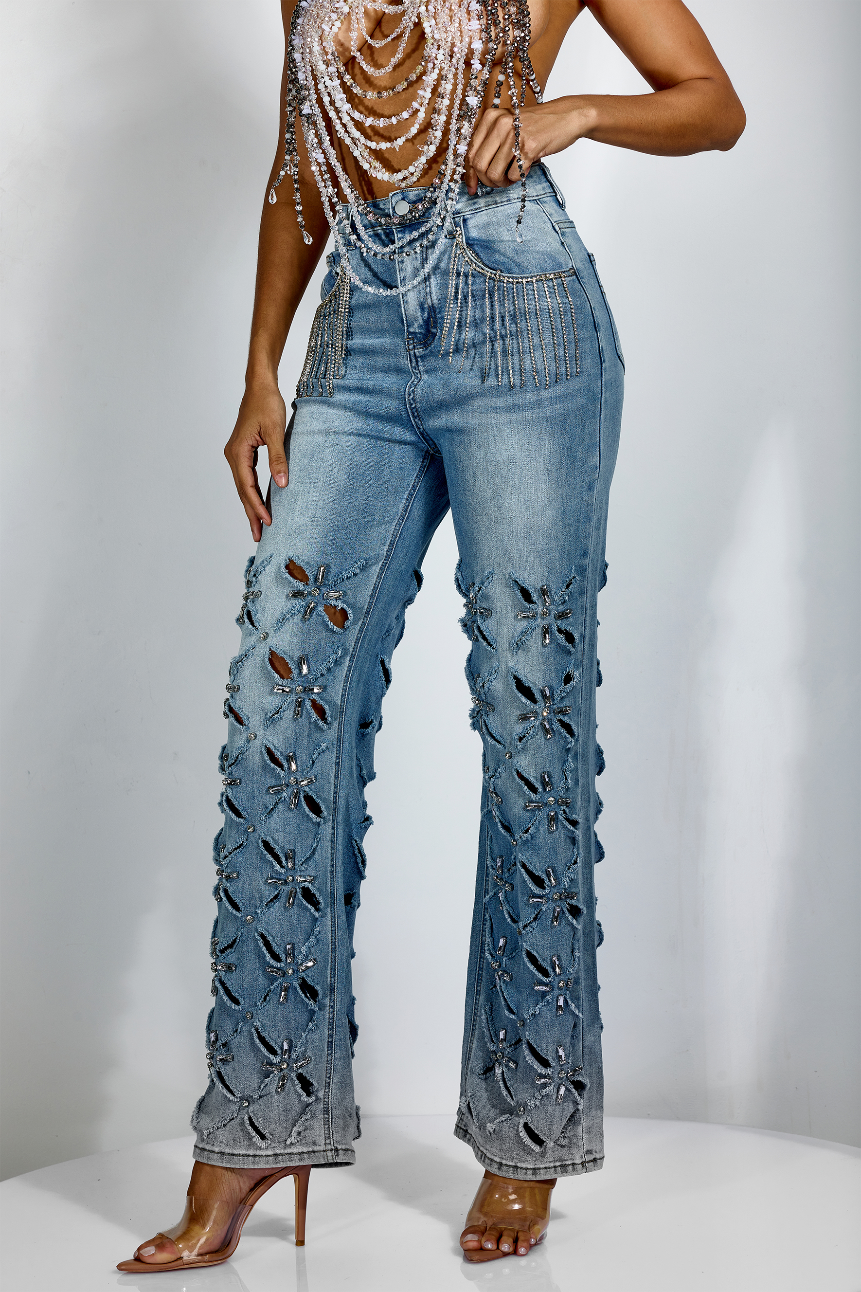 Faye Rhinestone Embellished Wide Leg Jeans