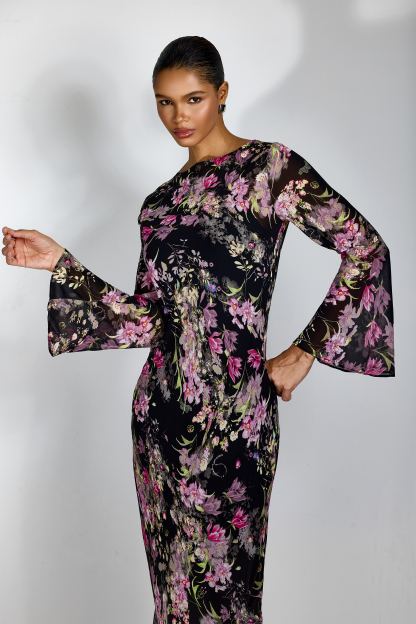 Regina Floral Print Flare Cuffs Maxi Dress